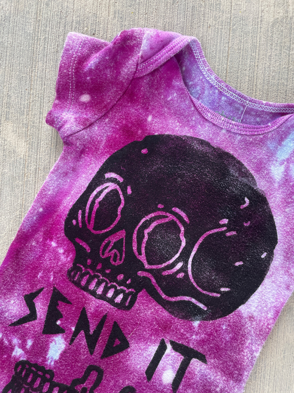 3-6 MO Send It Skull Purple and White Short Sleeve Tie Dye Baby Onesie