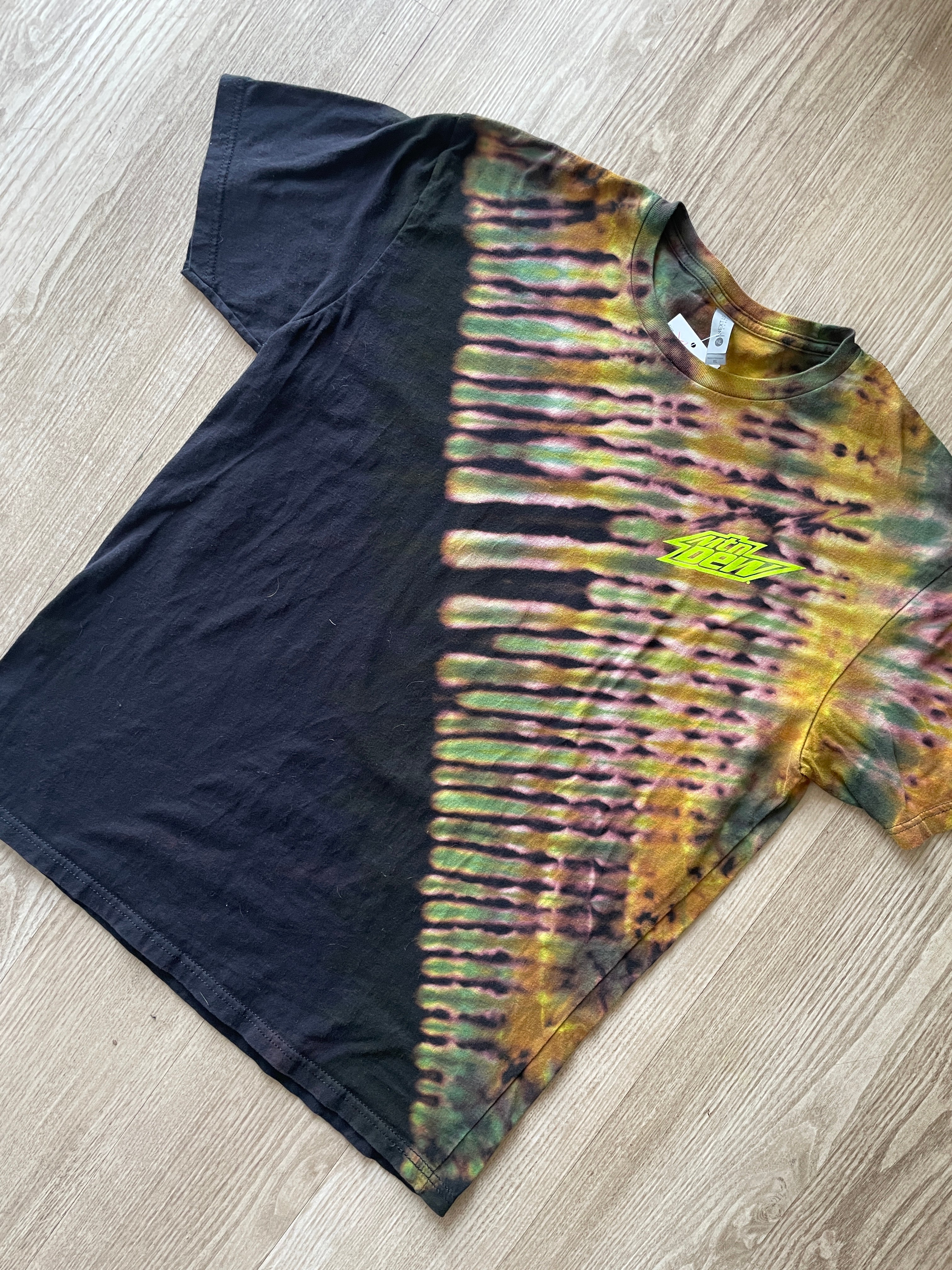 XL Men's Mtn. Dew Snowbird Woodward Peace Park Tie Dye Short Sleeve T-Shirt | One-Of-a-Kind Upcycled Black and Green Double-Sided Top