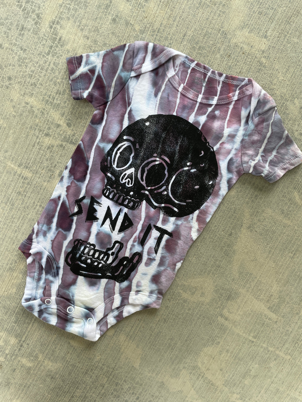 12 MO Send It Skull Purple and Gray Short Sleeve Tie Dye Baby Onesie