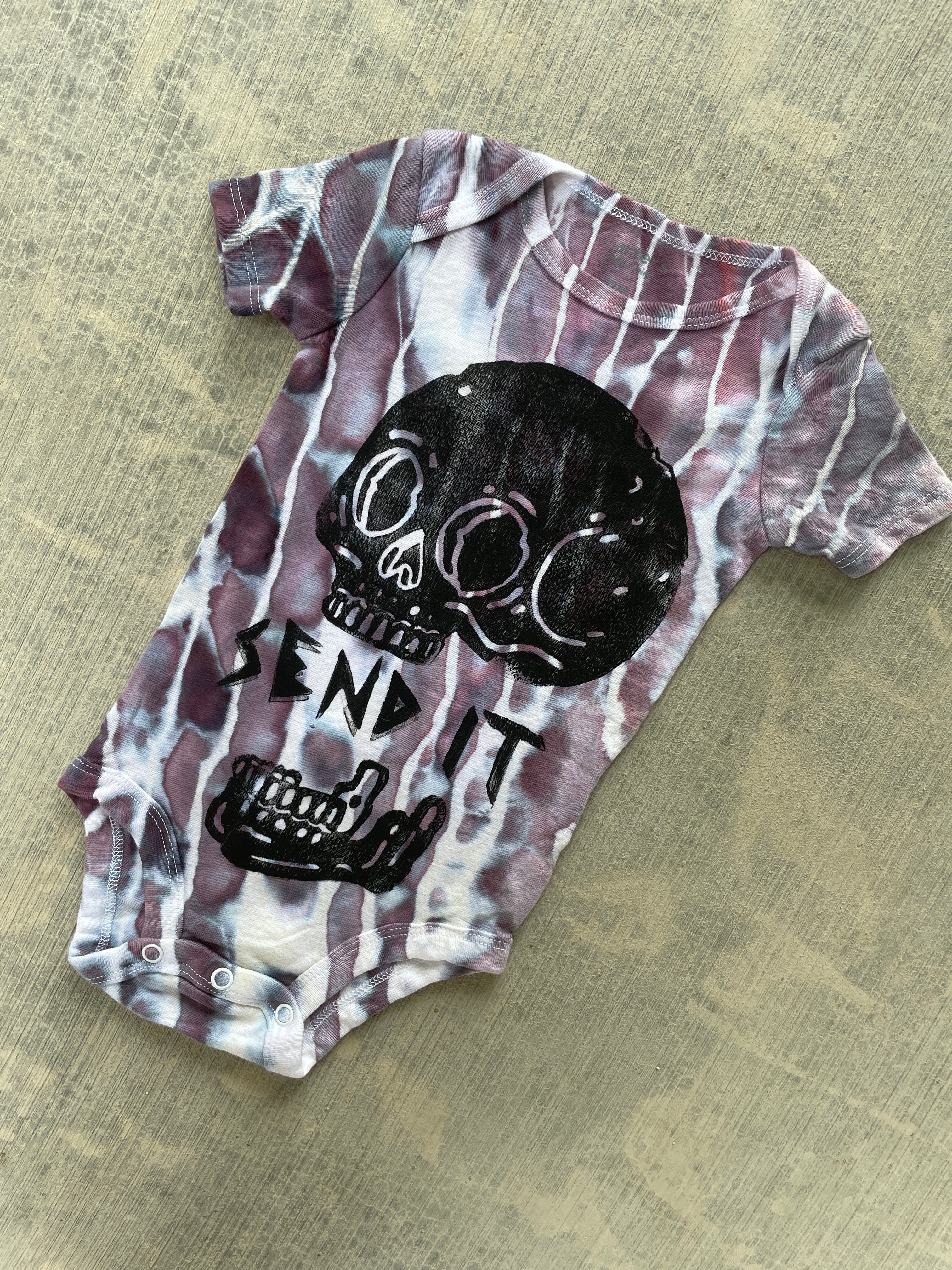 12 MO Send It Skull Purple and Gray Short Sleeve Tie Dye Baby Onesie