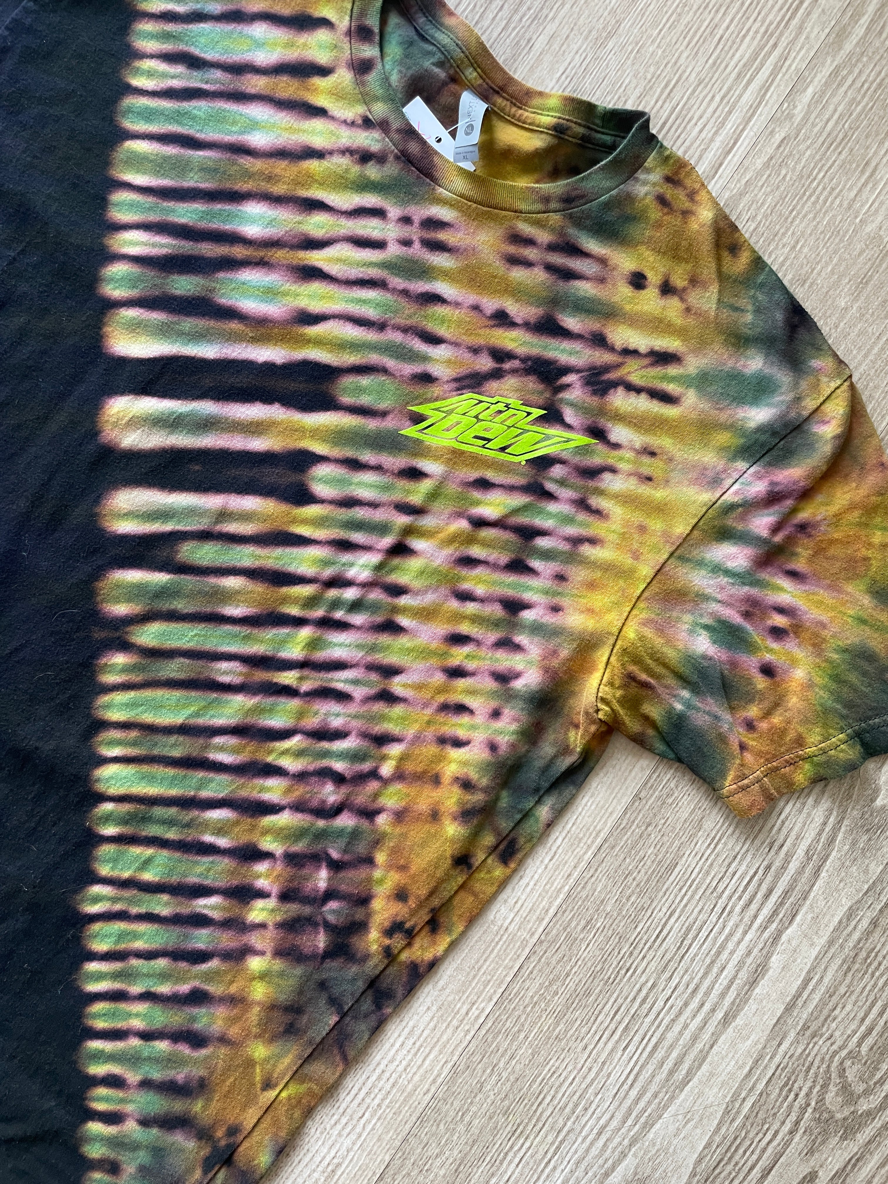 XL Men's Mtn. Dew Snowbird Woodward Peace Park Tie Dye Short Sleeve T-Shirt | One-Of-a-Kind Upcycled Black and Green Double-Sided Top