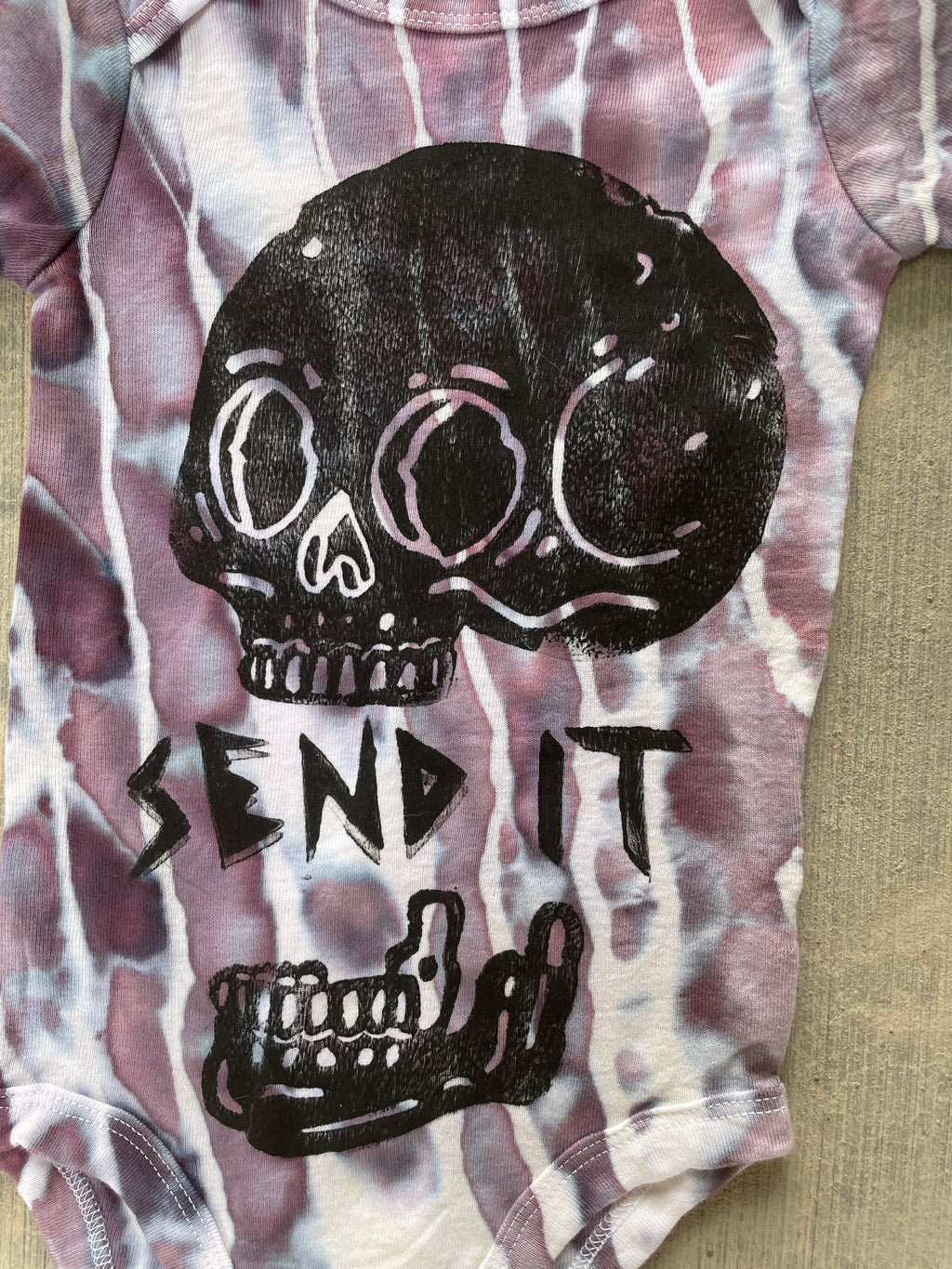 12 MO Send It Skull Purple and Gray Short Sleeve Tie Dye Baby Onesie