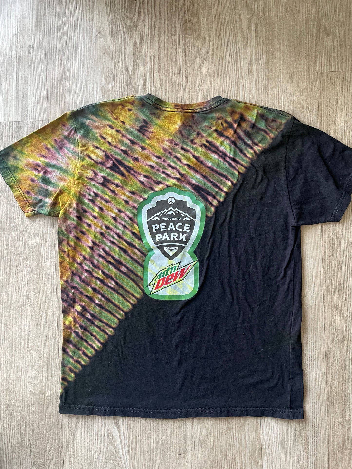 XL Men's Mtn. Dew Snowbird Woodward Peace Park Tie Dye Short Sleeve T-Shirt | One-Of-a-Kind Upcycled Black and Green Double-Sided Top