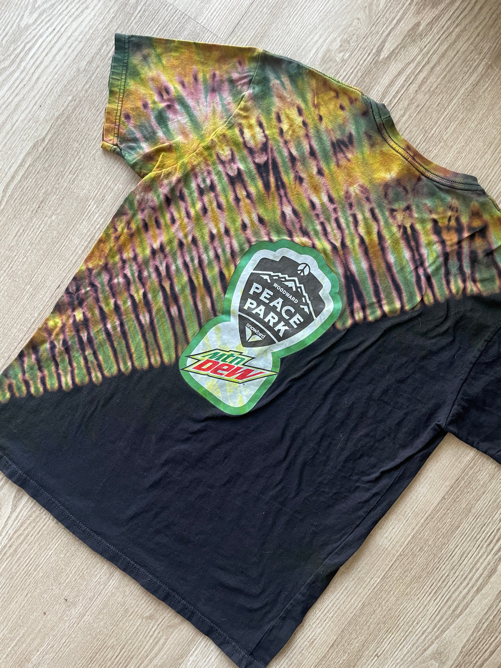 XL Men's Mtn. Dew Snowbird Woodward Peace Park Tie Dye Short Sleeve T-Shirt | One-Of-a-Kind Upcycled Black and Green Double-Sided Top