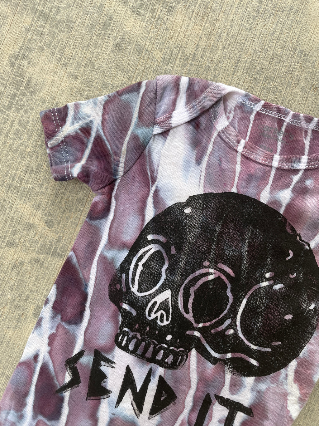 12 MO Send It Skull Purple and Gray Short Sleeve Tie Dye Baby Onesie