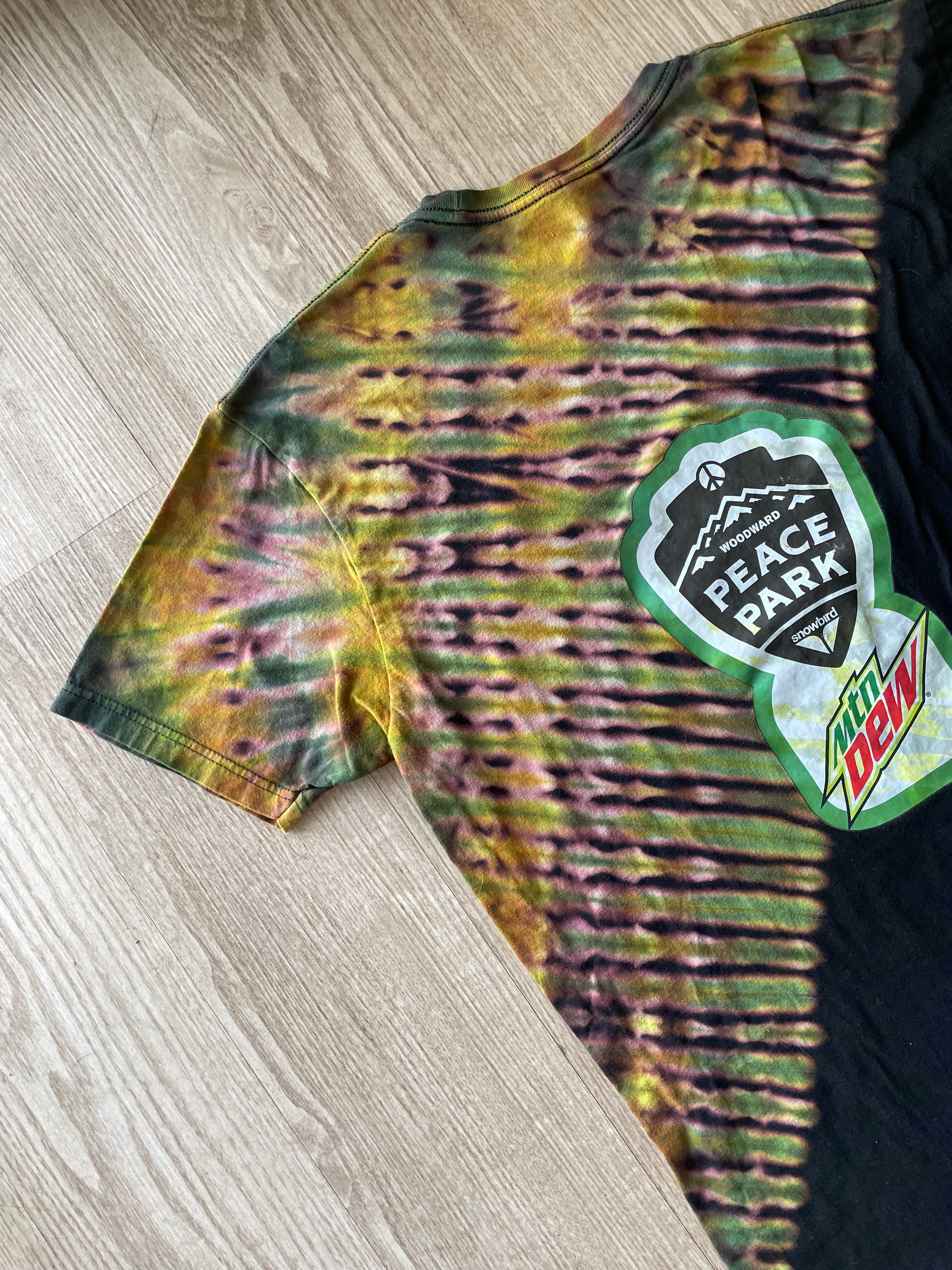 XL Men's Mtn. Dew Snowbird Woodward Peace Park Tie Dye Short Sleeve T-Shirt | One-Of-a-Kind Upcycled Black and Green Double-Sided Top