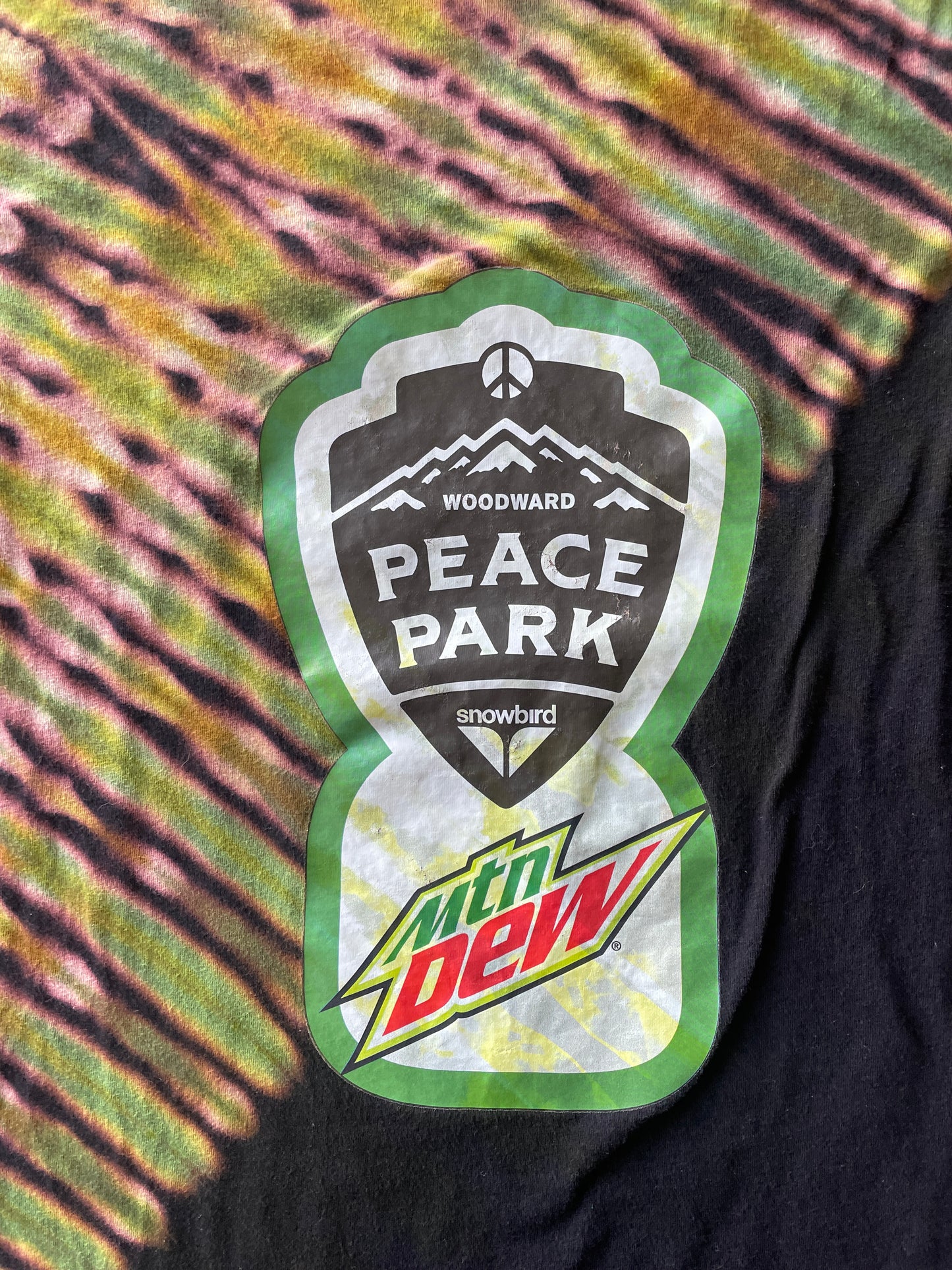 XL Men's Mtn. Dew Snowbird Woodward Peace Park Tie Dye Short Sleeve T-Shirt | One-Of-a-Kind Upcycled Black and Green Double-Sided Top