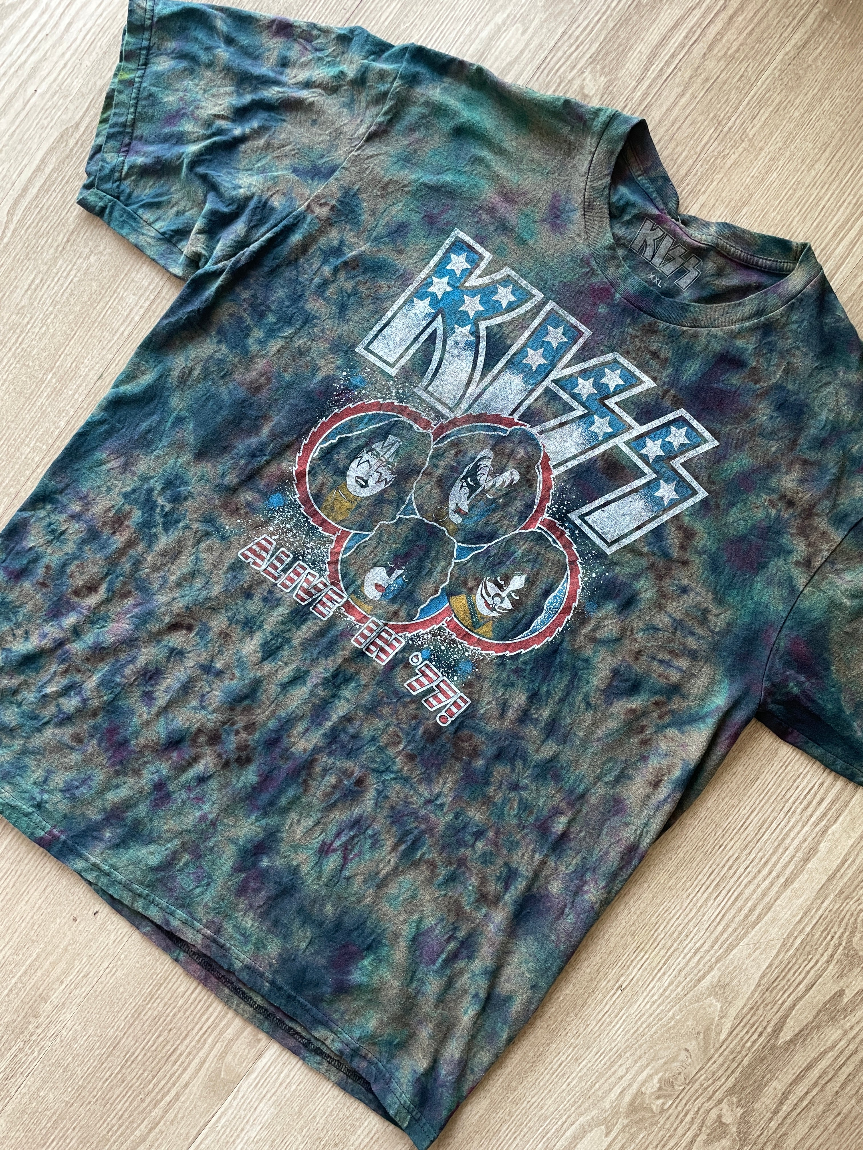 2XL Men's KISS Reverse Tie Dye Short Sleeve T-Shirt | One-Of-a-Kind Upcycled Black, Gray, and Blue Crumpled Top