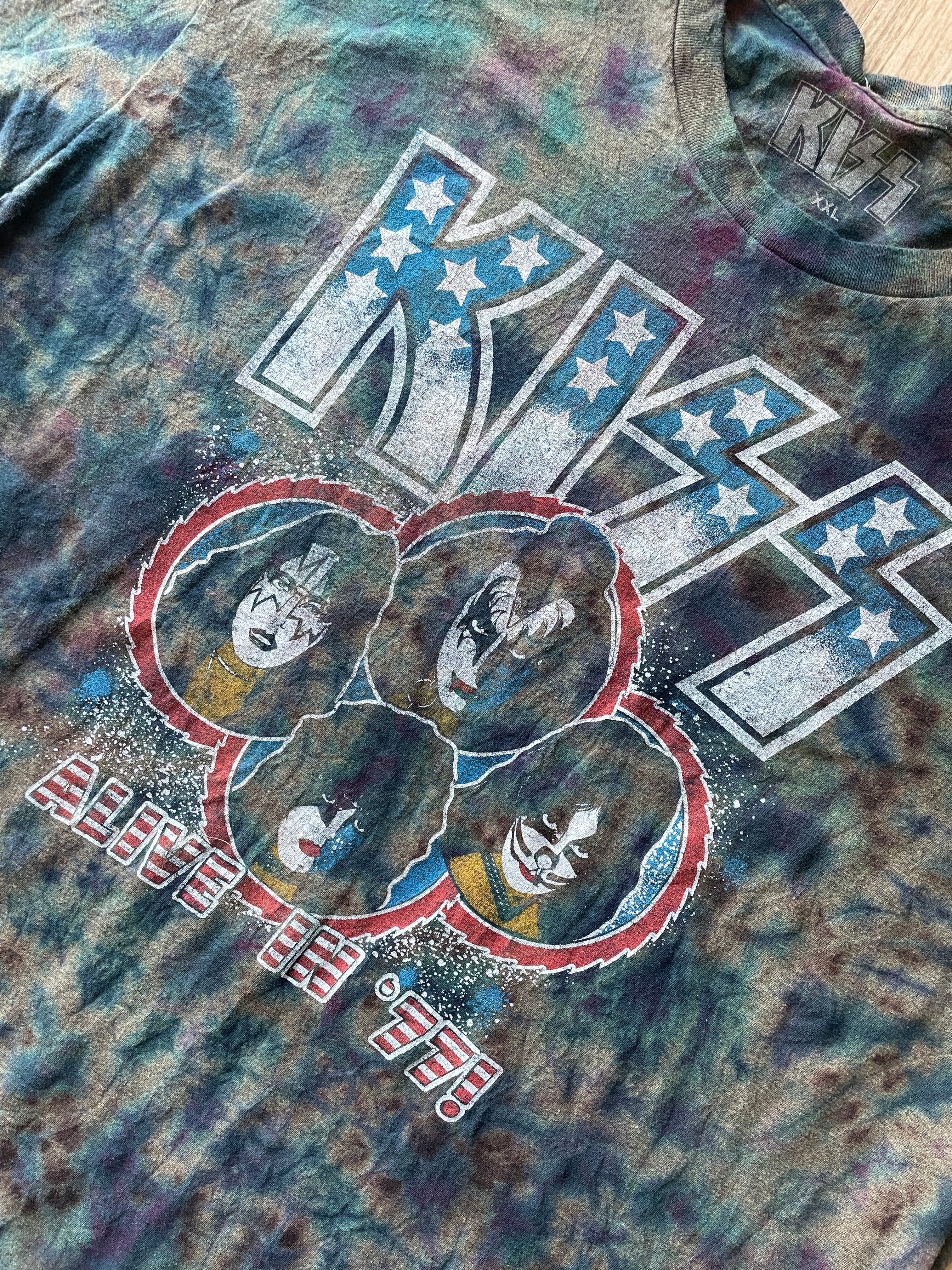 2XL Men's KISS Reverse Tie Dye Short Sleeve T-Shirt | One-Of-a-Kind Upcycled Black, Gray, and Blue Crumpled Top
