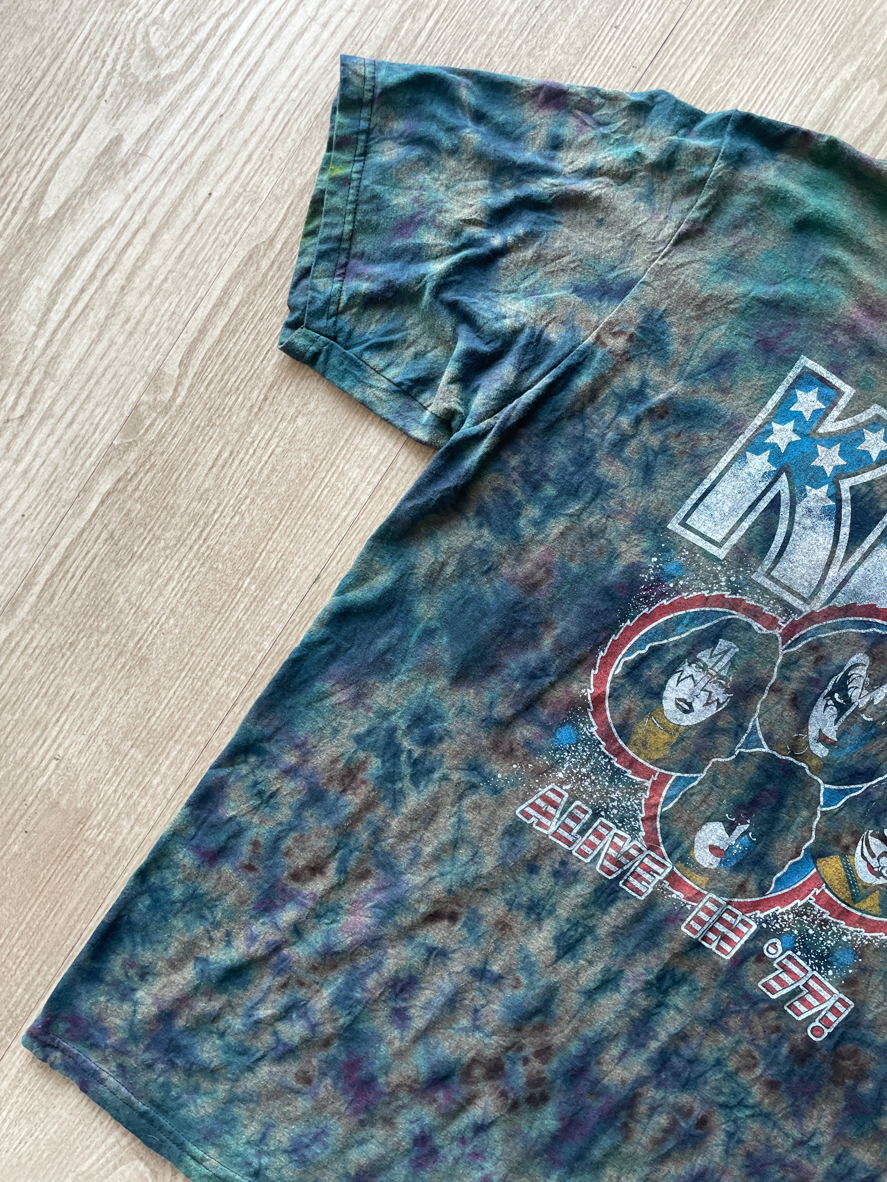 2XL Men's KISS Reverse Tie Dye Short Sleeve T-Shirt | One-Of-a-Kind Upcycled Black, Gray, and Blue Crumpled Top