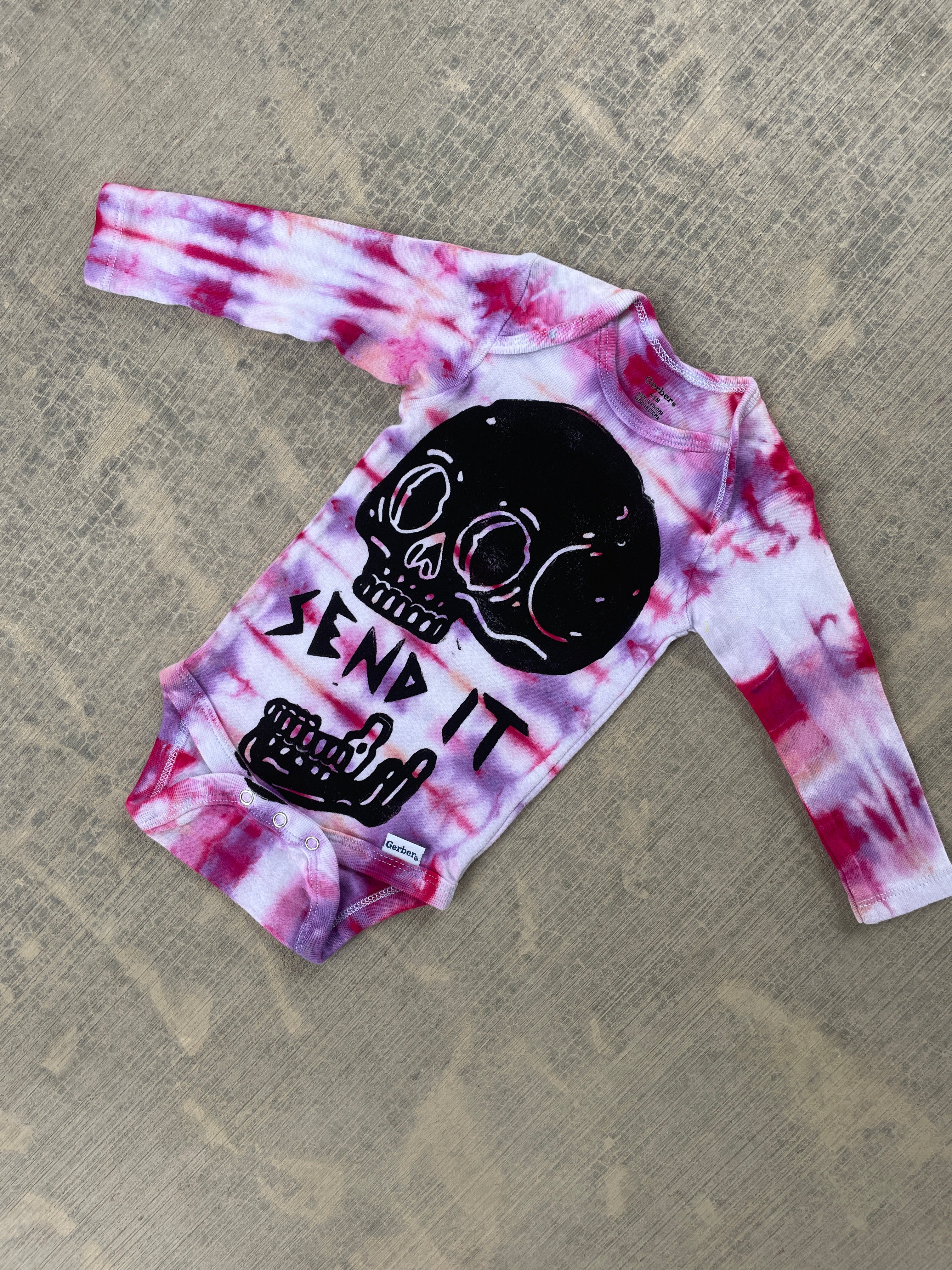 6-9 MO Send It Skull Pink and Purple Long Sleeve Tie Dye Baby Onesie