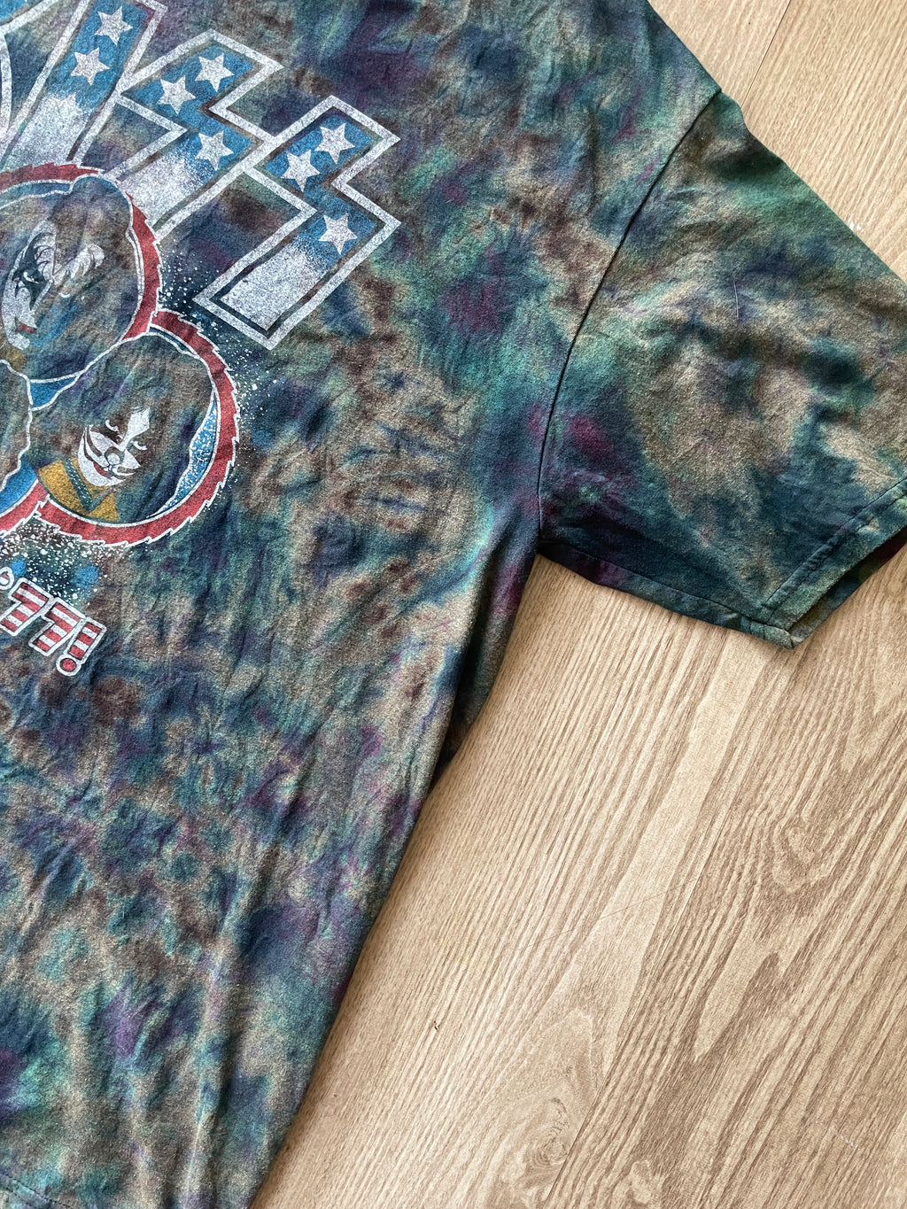 2XL Men's KISS Reverse Tie Dye Short Sleeve T-Shirt | One-Of-a-Kind Upcycled Black, Gray, and Blue Crumpled Top