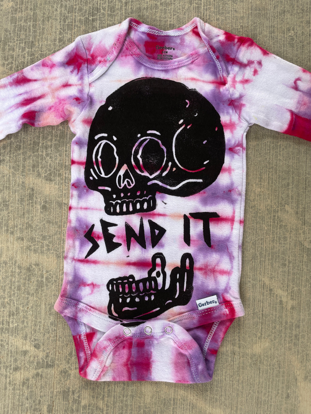 6-9 MO Send It Skull Pink and Purple Long Sleeve Tie Dye Baby Onesie