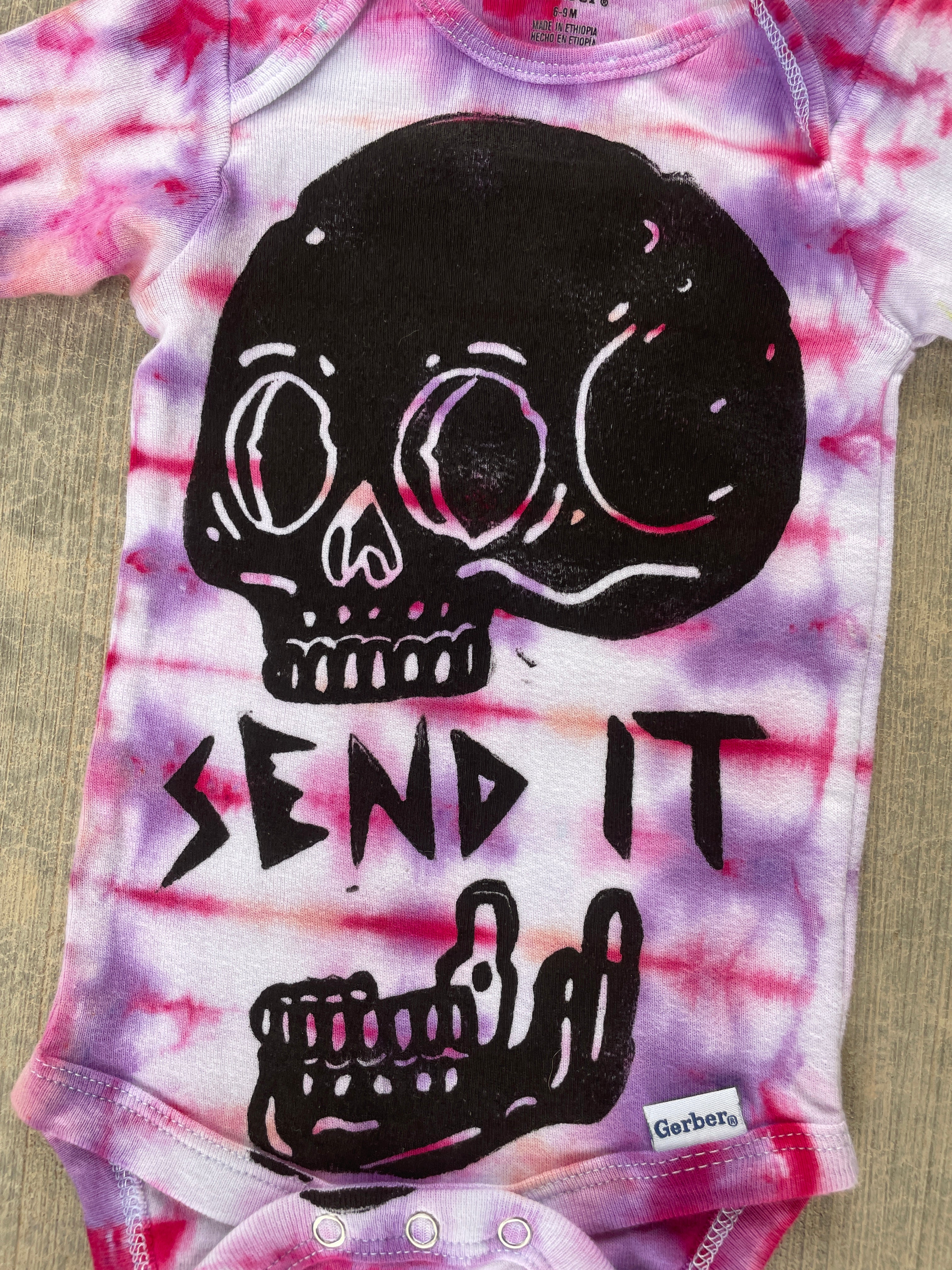 6-9 MO Send It Skull Pink and Purple Long Sleeve Tie Dye Baby Onesie