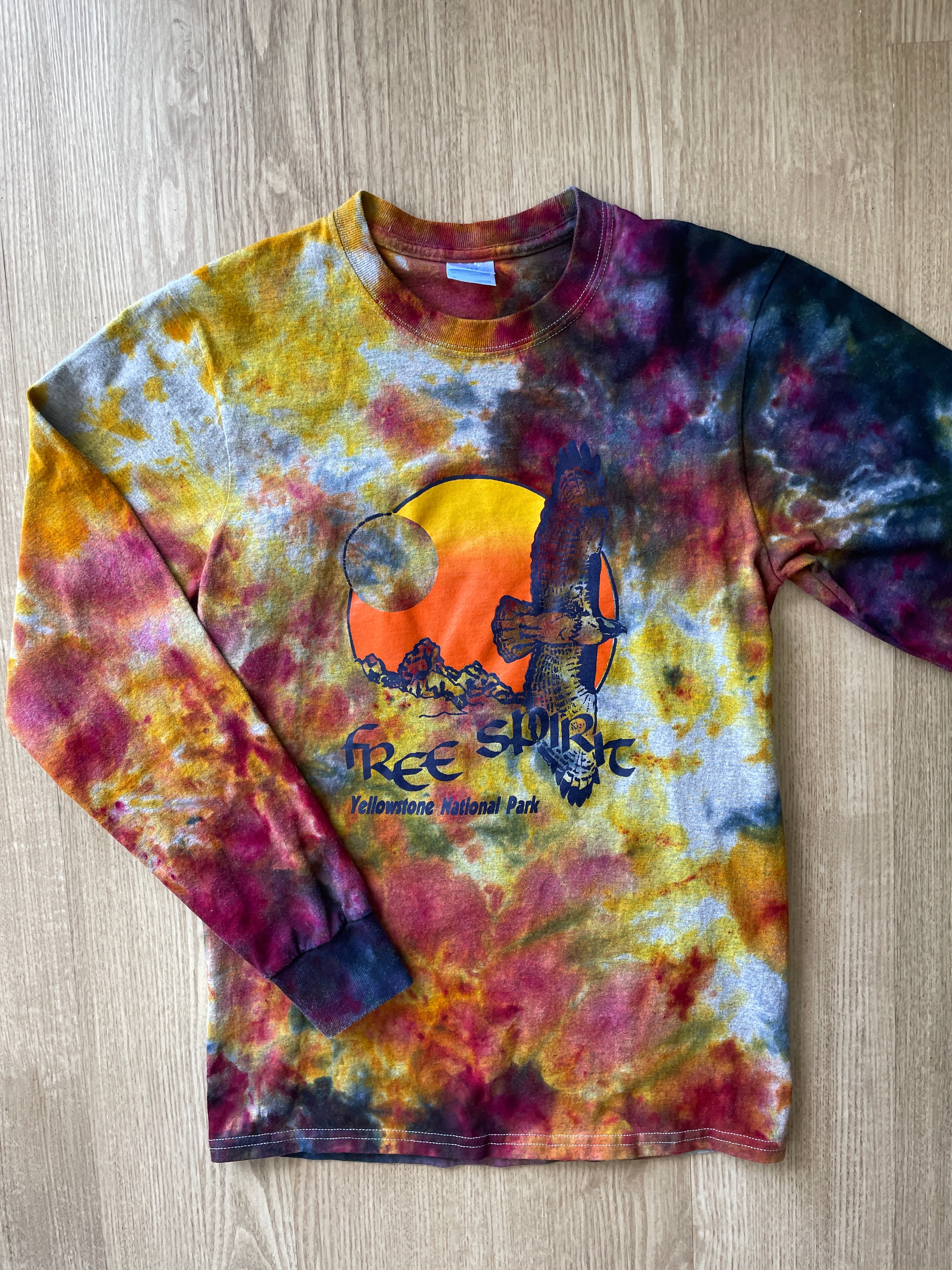 SMALL Men’s Free Spirit Yellowstone National Park Sunset Galaxy Handmade Tie Dye T-Shirt | One-Of-a-Kind Blue, Pink, and Orange Long Sleeve