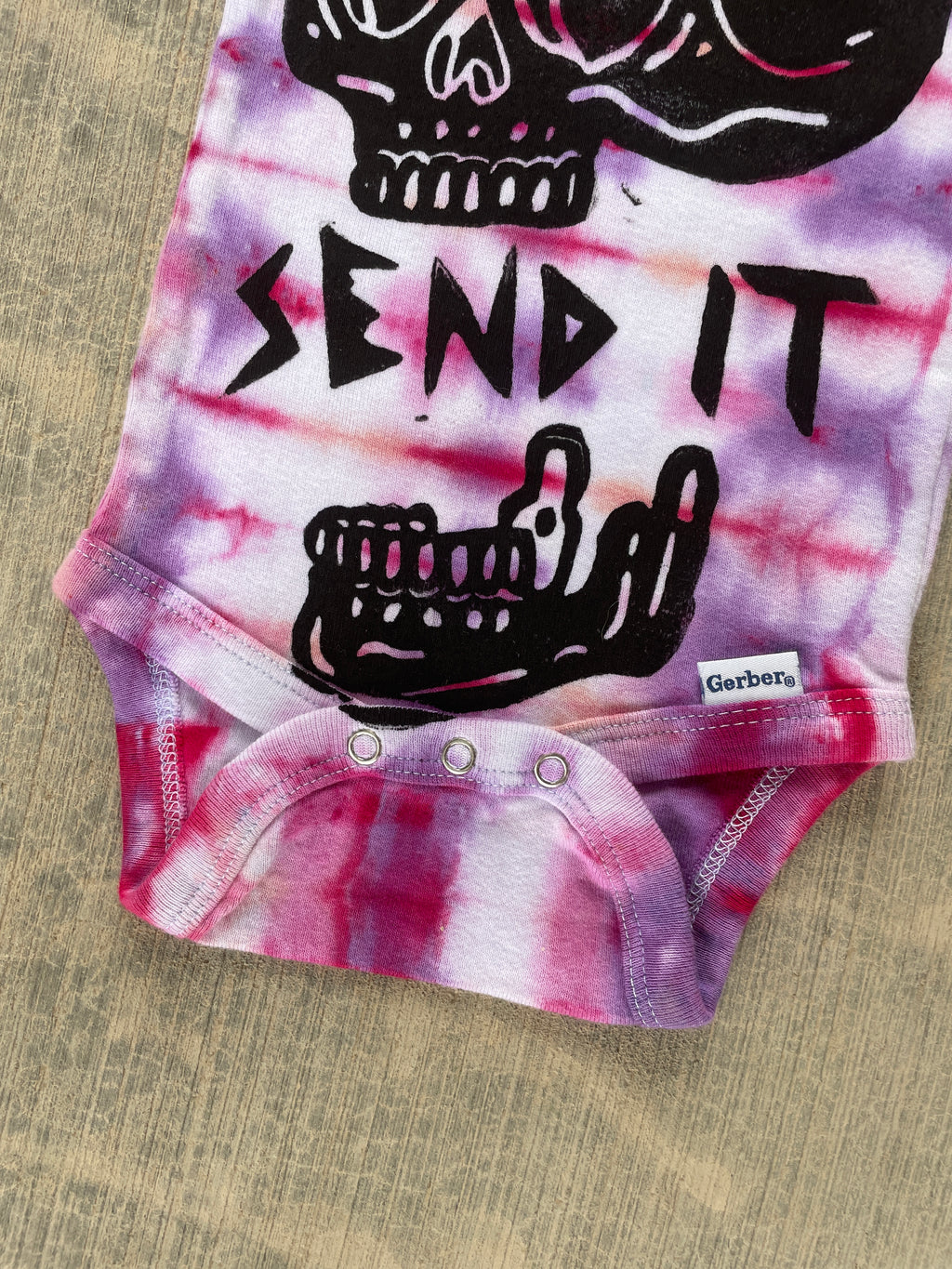 6-9 MO Send It Skull Pink and Purple Long Sleeve Tie Dye Baby Onesie