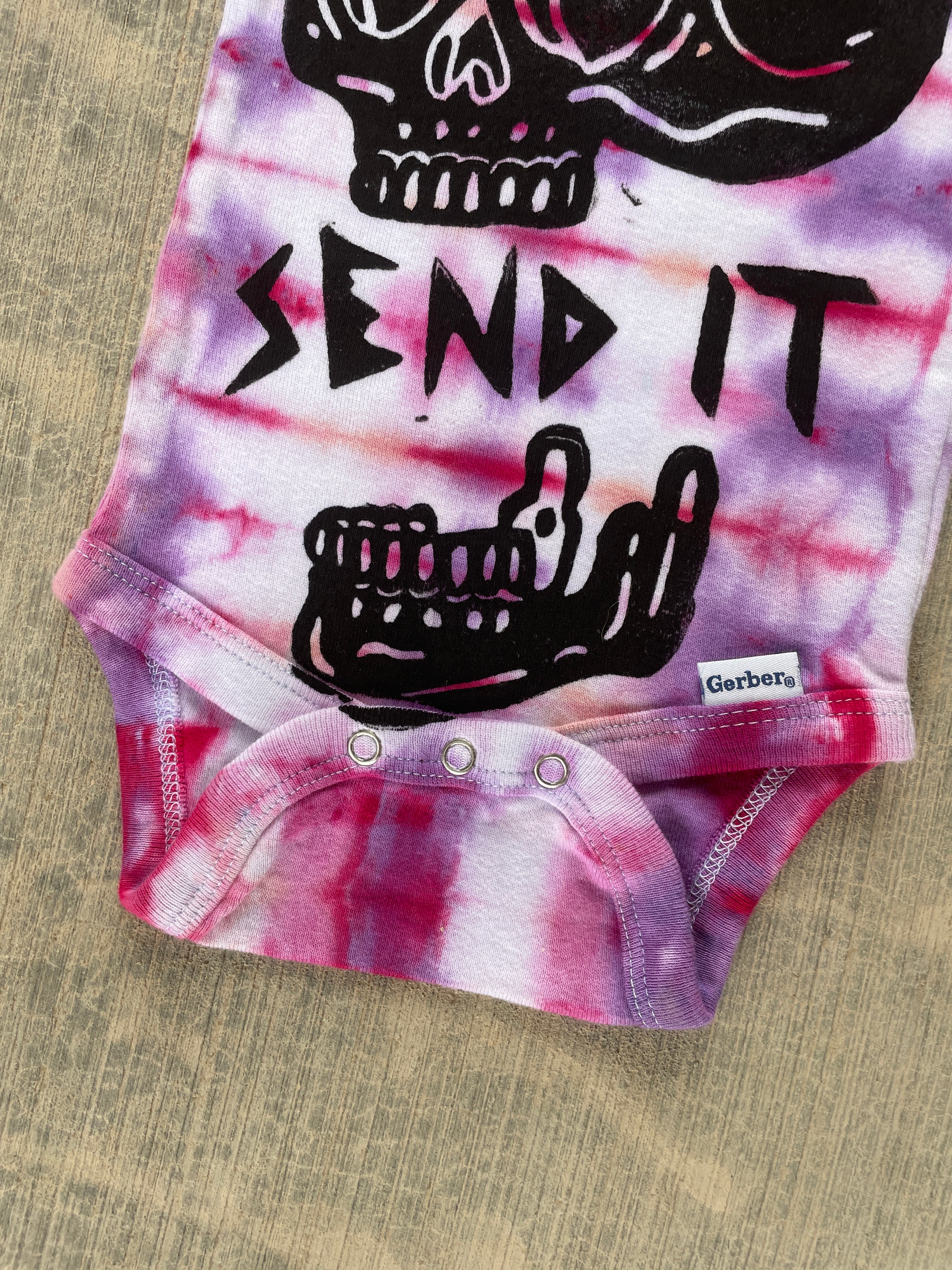 6-9 MO Send It Skull Pink and Purple Long Sleeve Tie Dye Baby Onesie