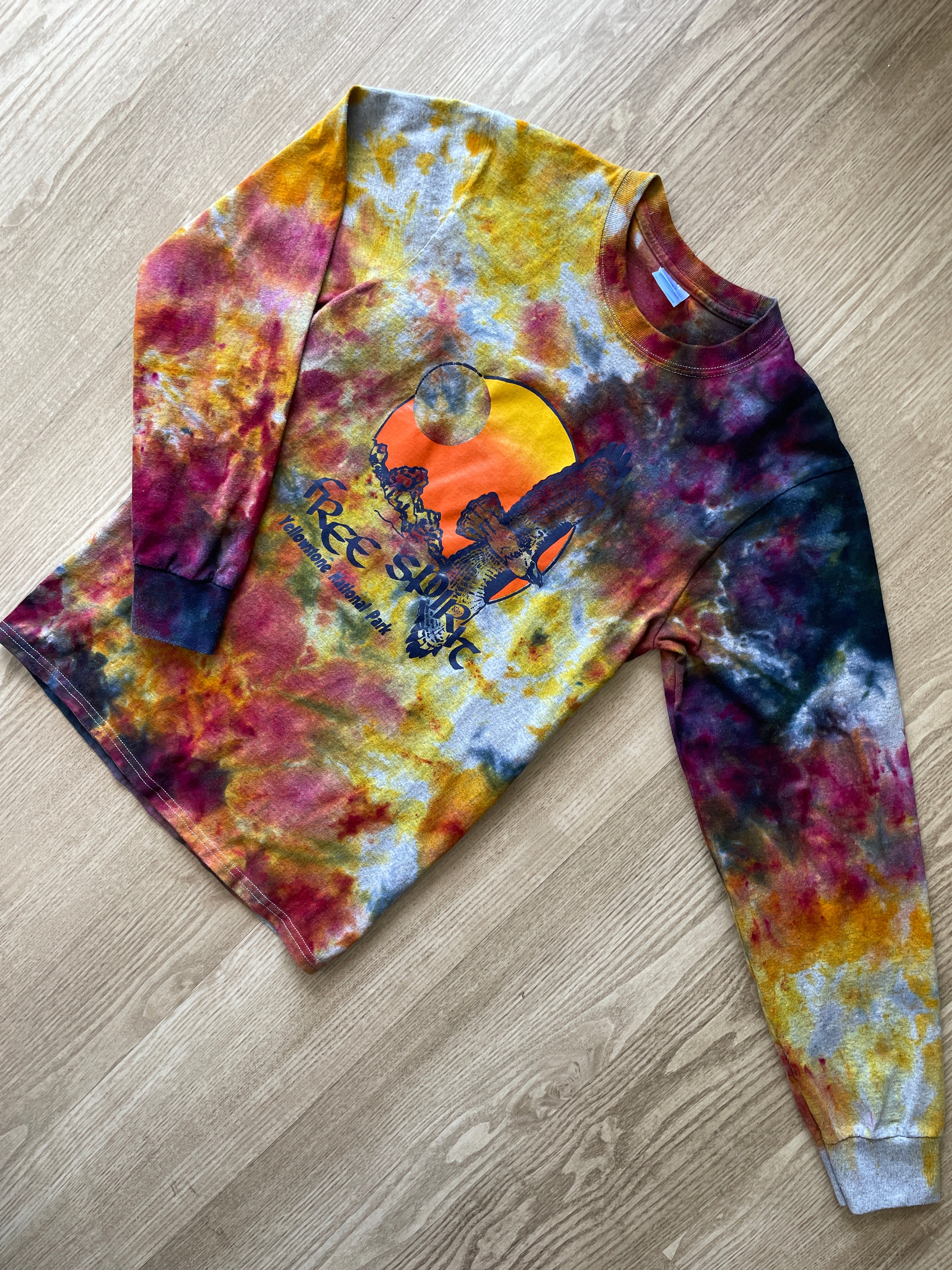 SMALL Men’s Free Spirit Yellowstone National Park Sunset Galaxy Handmade Tie Dye T-Shirt | One-Of-a-Kind Blue, Pink, and Orange Long Sleeve