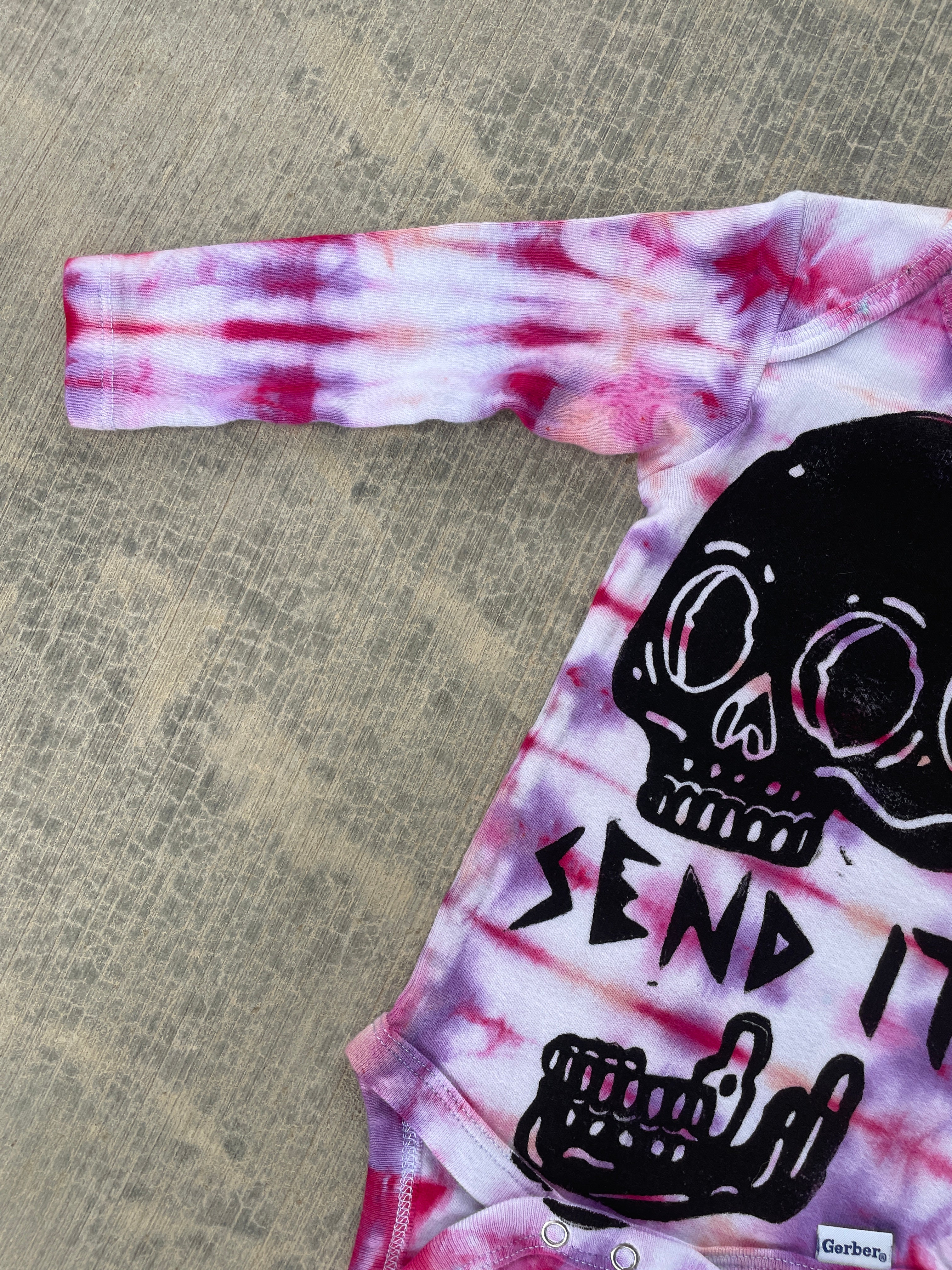 6-9 MO Send It Skull Pink and Purple Long Sleeve Tie Dye Baby Onesie