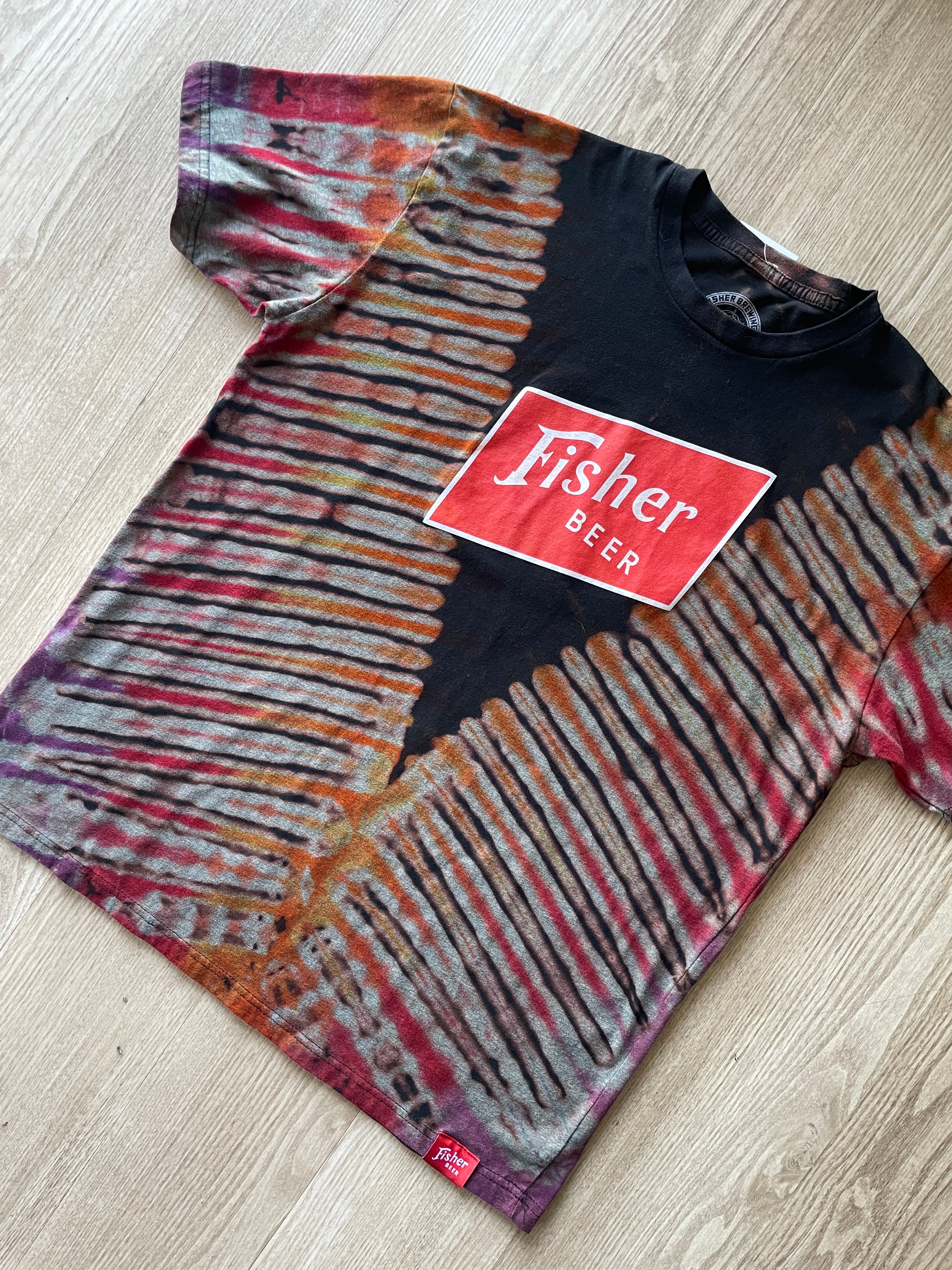 2XL Men’s Fisher Brewing Handmade Reverse Tie Dye Short Sleeve T-Shirt | One-Of-a-Kind Upcycled Black, Red, and Yellow Desert Tones Tie Dye Top