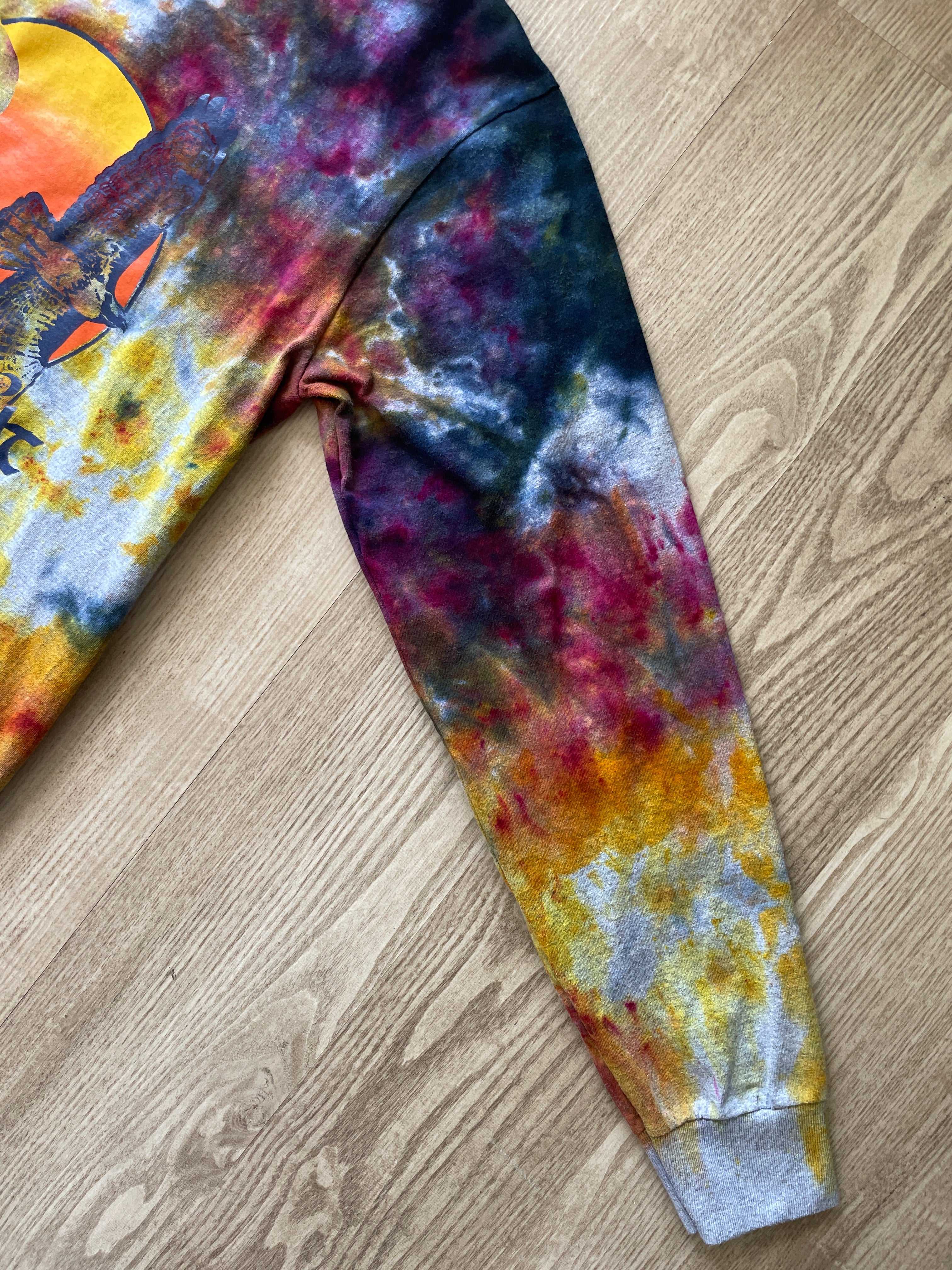 SMALL Men’s Free Spirit Yellowstone National Park Sunset Galaxy Handmade Tie Dye T-Shirt | One-Of-a-Kind Blue, Pink, and Orange Long Sleeve