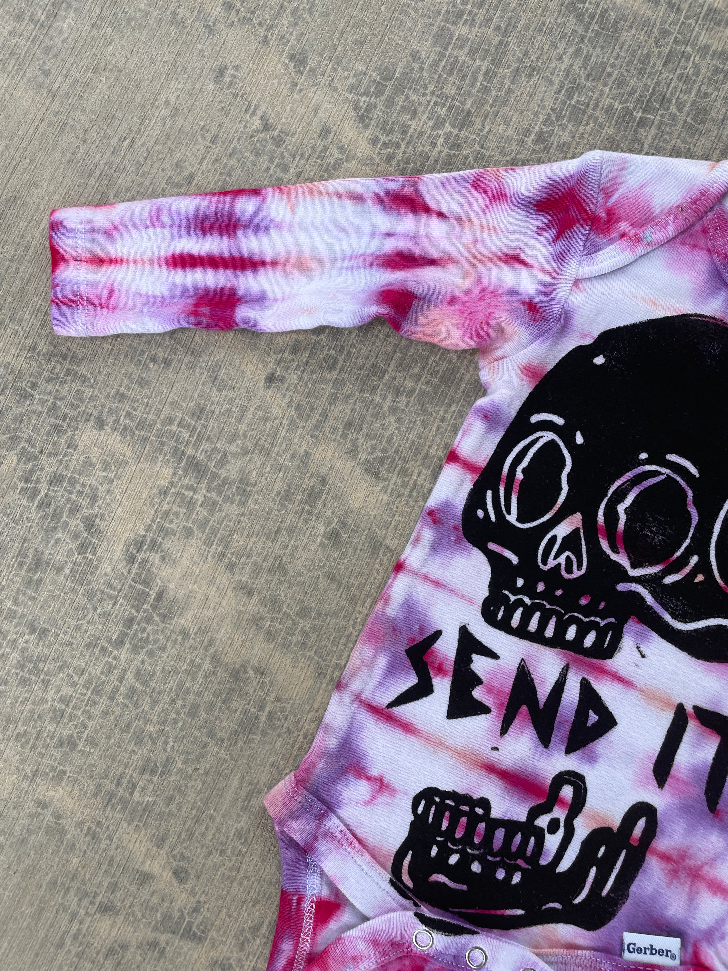 6-9 MO Send It Skull Pink and Purple Long Sleeve Tie Dye Baby Onesie