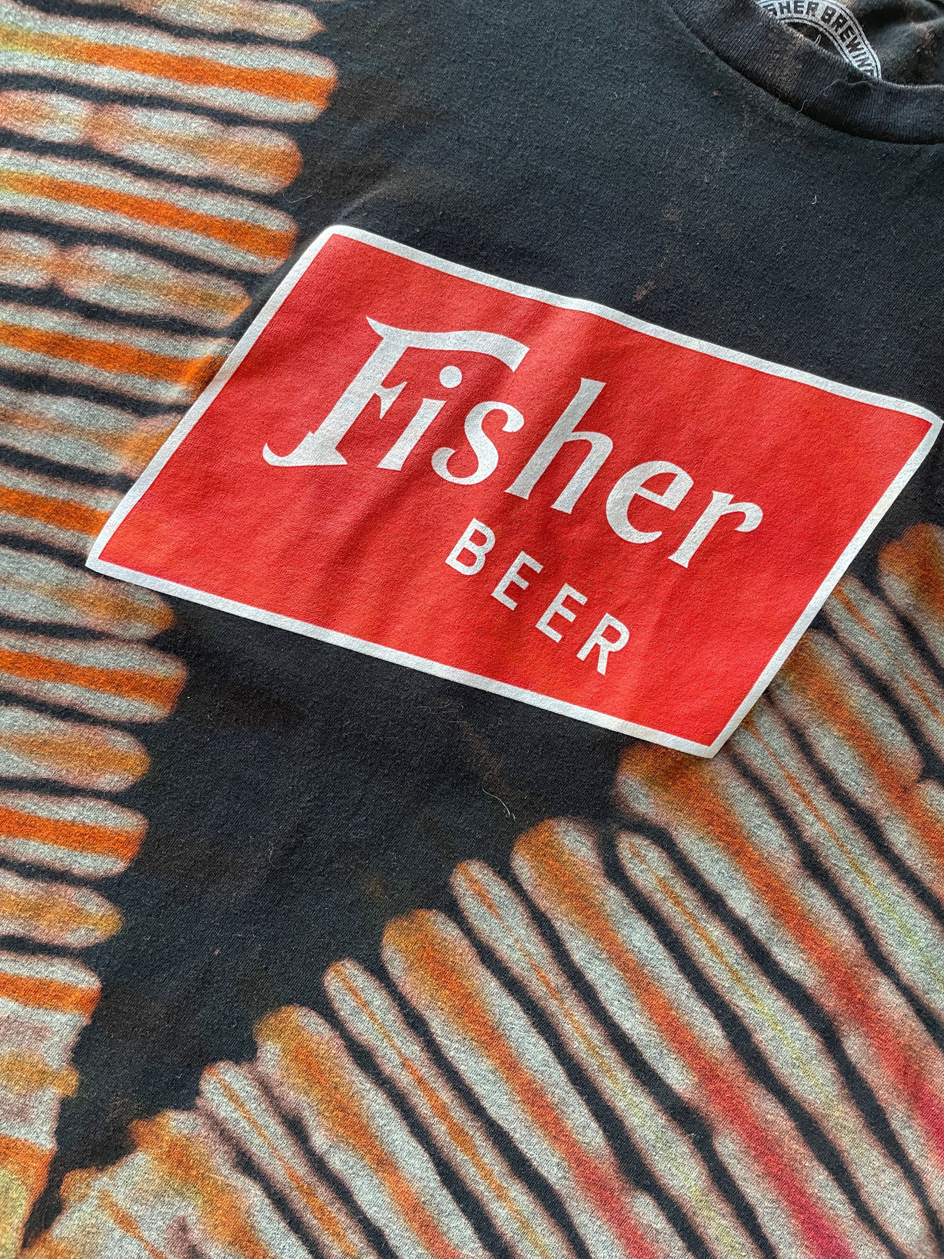 2XL Men’s Fisher Brewing Handmade Reverse Tie Dye Short Sleeve T-Shirt | One-Of-a-Kind Upcycled Black, Red, and Yellow Desert Tones Tie Dye Top