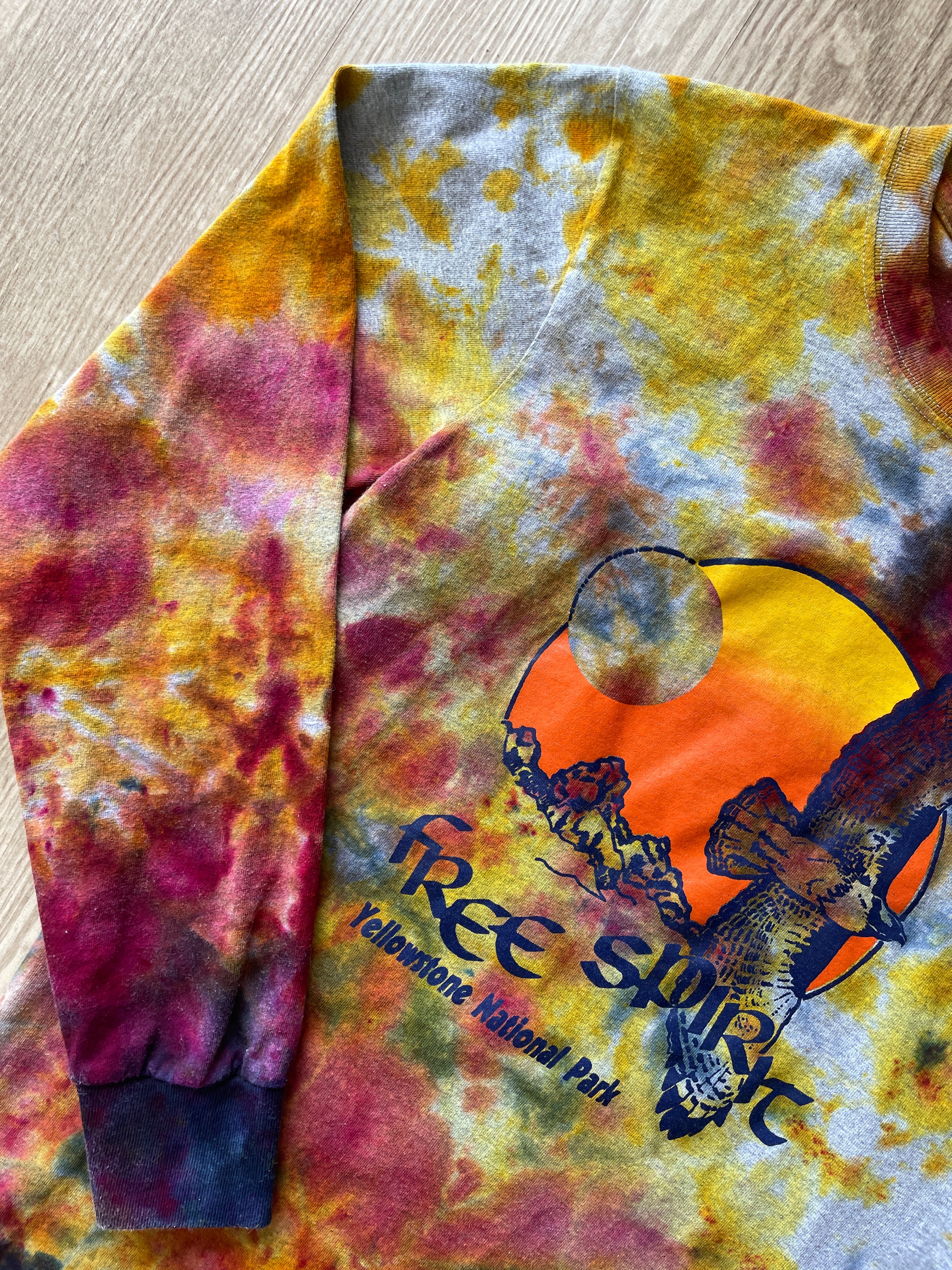 SMALL Men’s Free Spirit Yellowstone National Park Sunset Galaxy Handmade Tie Dye T-Shirt | One-Of-a-Kind Blue, Pink, and Orange Long Sleeve