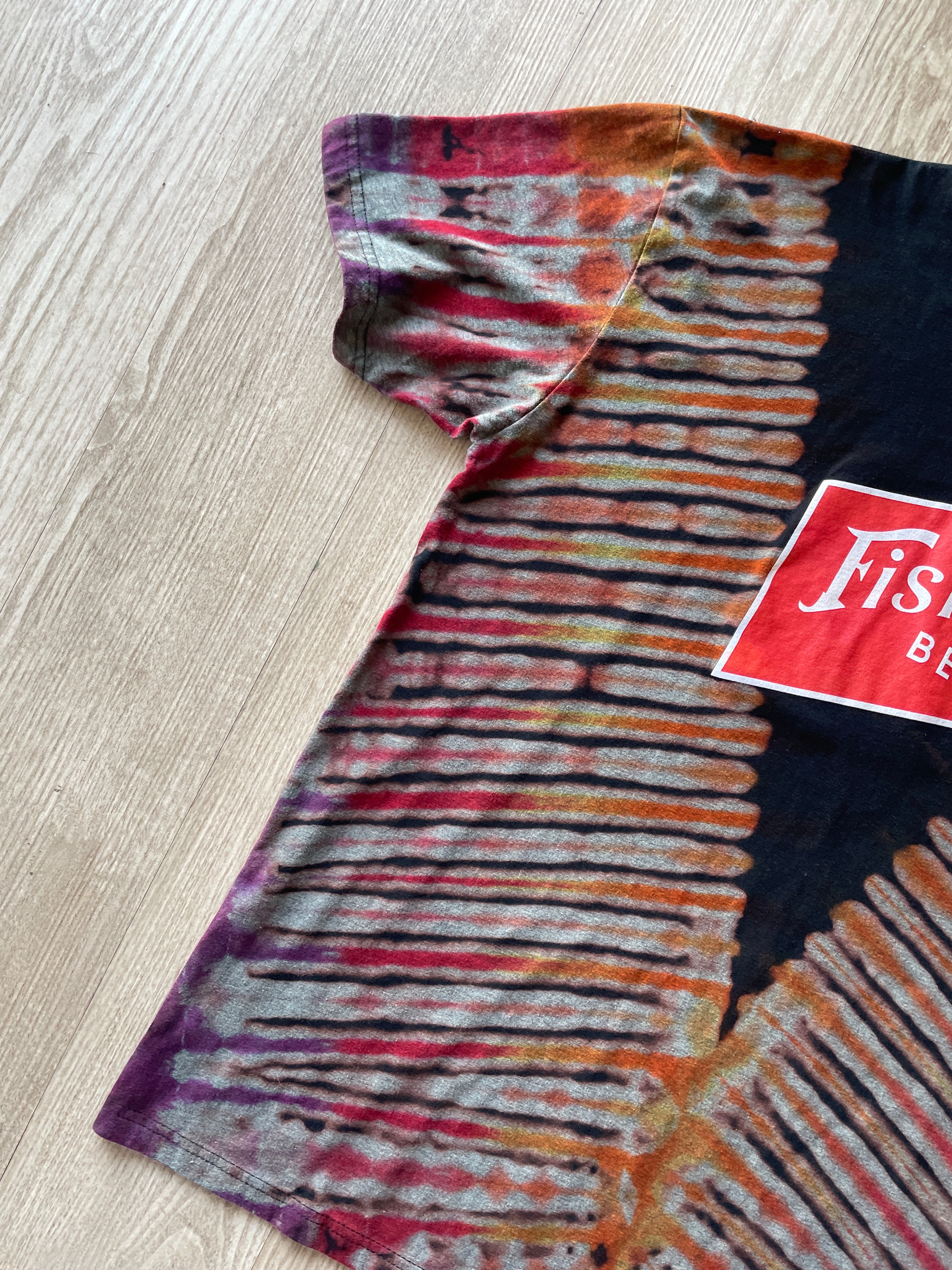 2XL Men’s Fisher Brewing Handmade Reverse Tie Dye Short Sleeve T-Shirt | One-Of-a-Kind Upcycled Black, Red, and Yellow Desert Tones Tie Dye Top