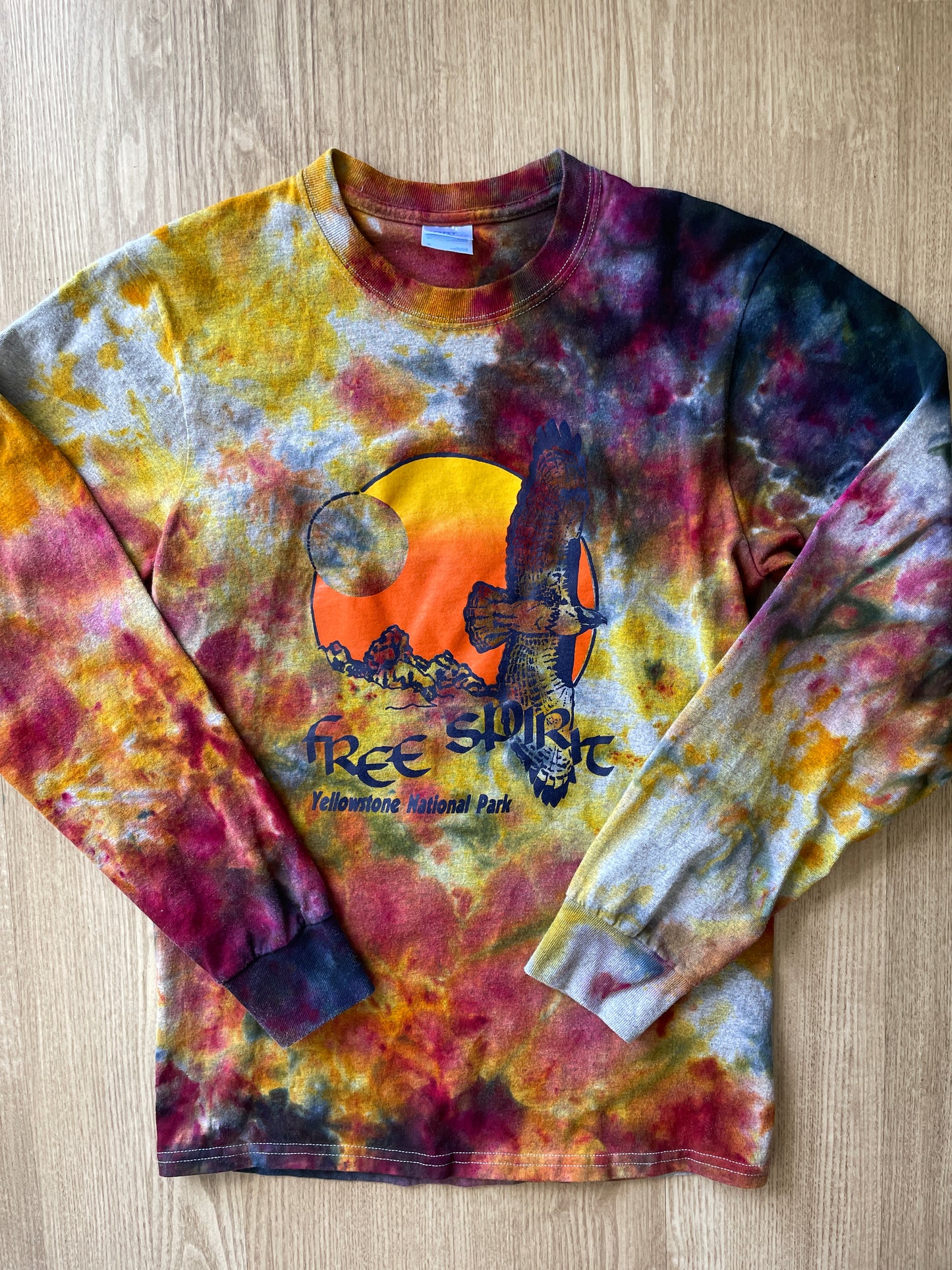 SMALL Men’s Free Spirit Yellowstone National Park Sunset Galaxy Handmade Tie Dye T-Shirt | One-Of-a-Kind Blue, Pink, and Orange Long Sleeve