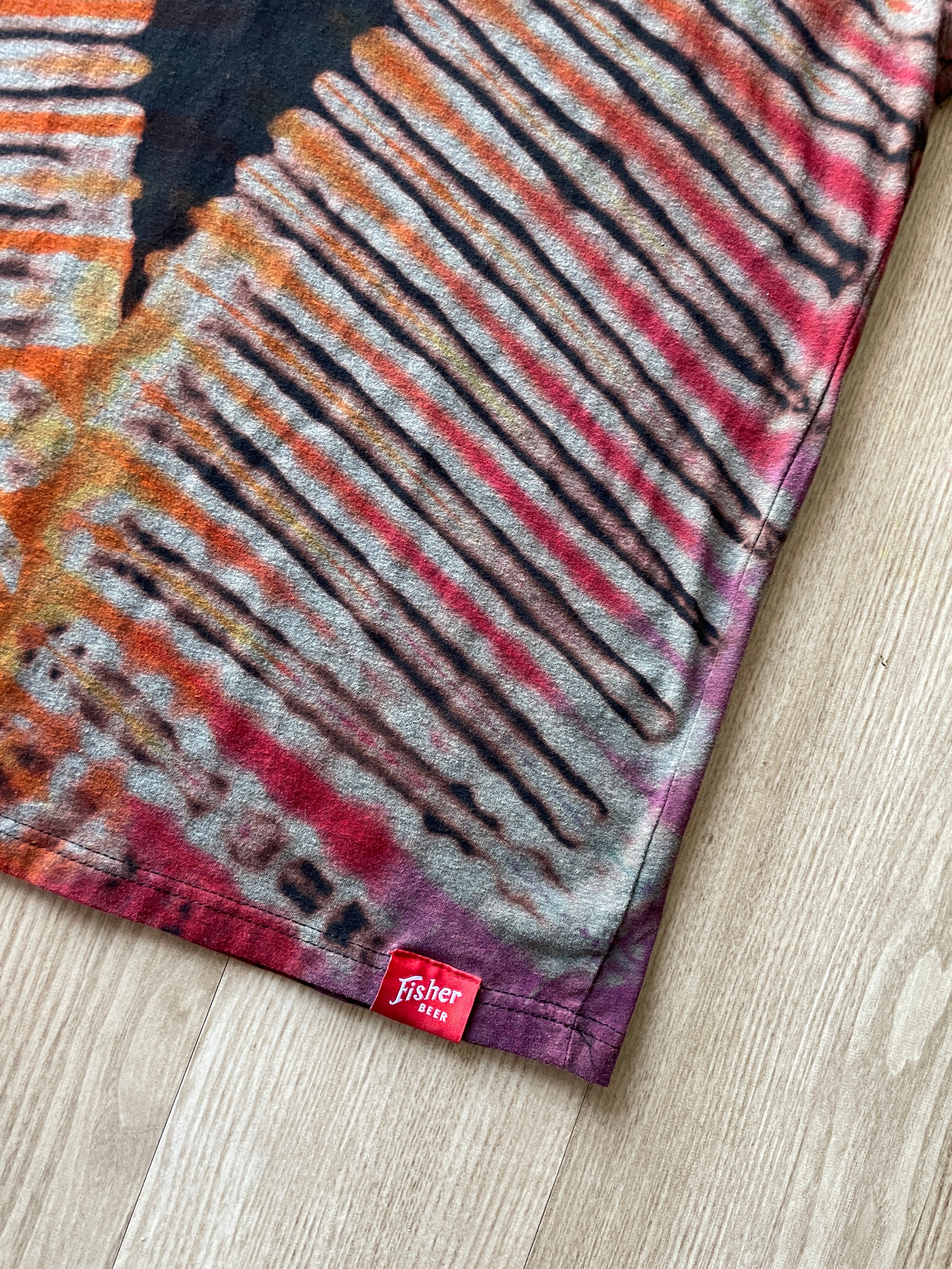 2XL Men’s Fisher Brewing Handmade Reverse Tie Dye Short Sleeve T-Shirt | One-Of-a-Kind Upcycled Black, Red, and Yellow Desert Tones Tie Dye Top