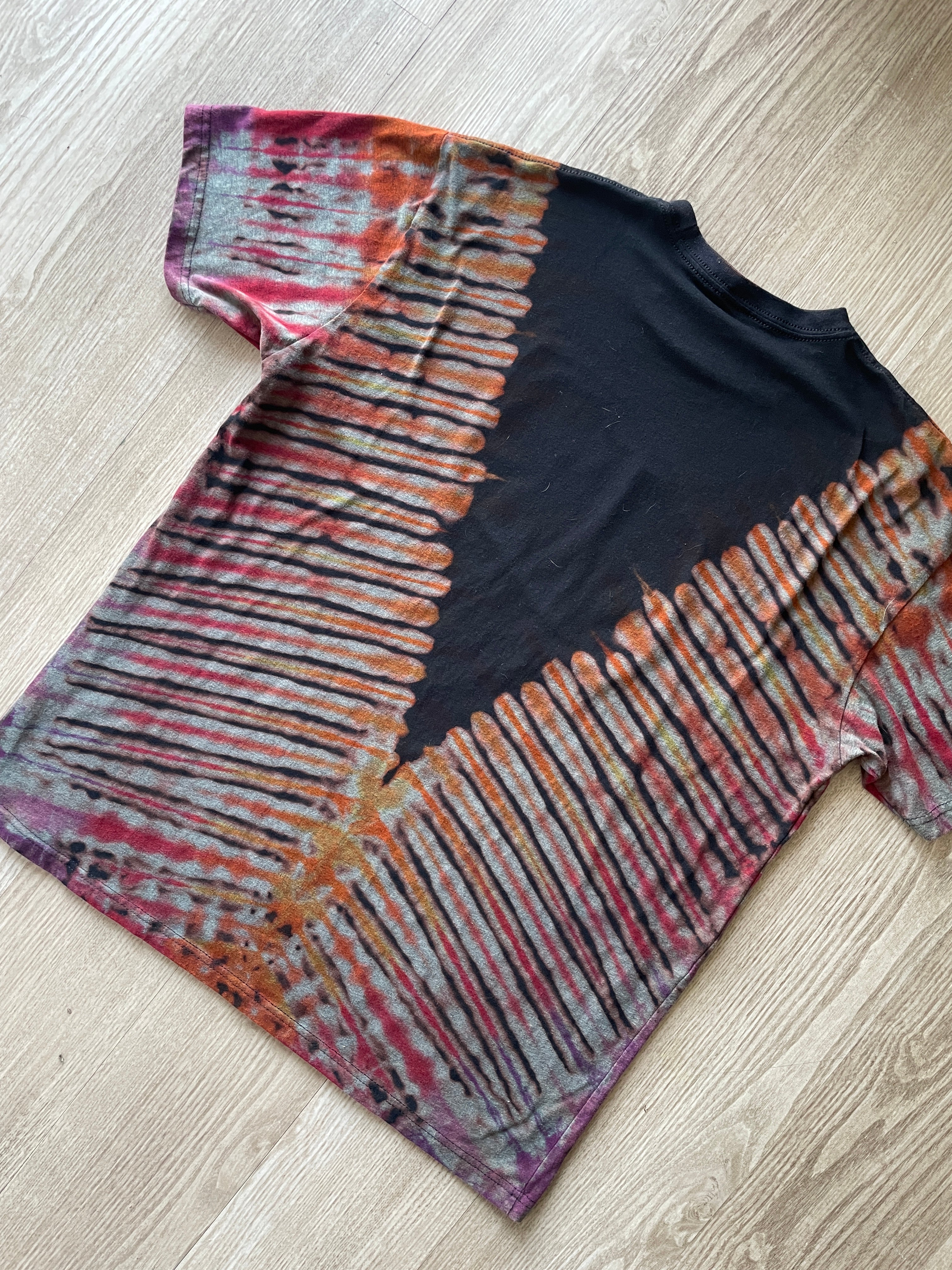 2XL Men’s Fisher Brewing Handmade Reverse Tie Dye Short Sleeve T-Shirt | One-Of-a-Kind Upcycled Black, Red, and Yellow Desert Tones Tie Dye Top