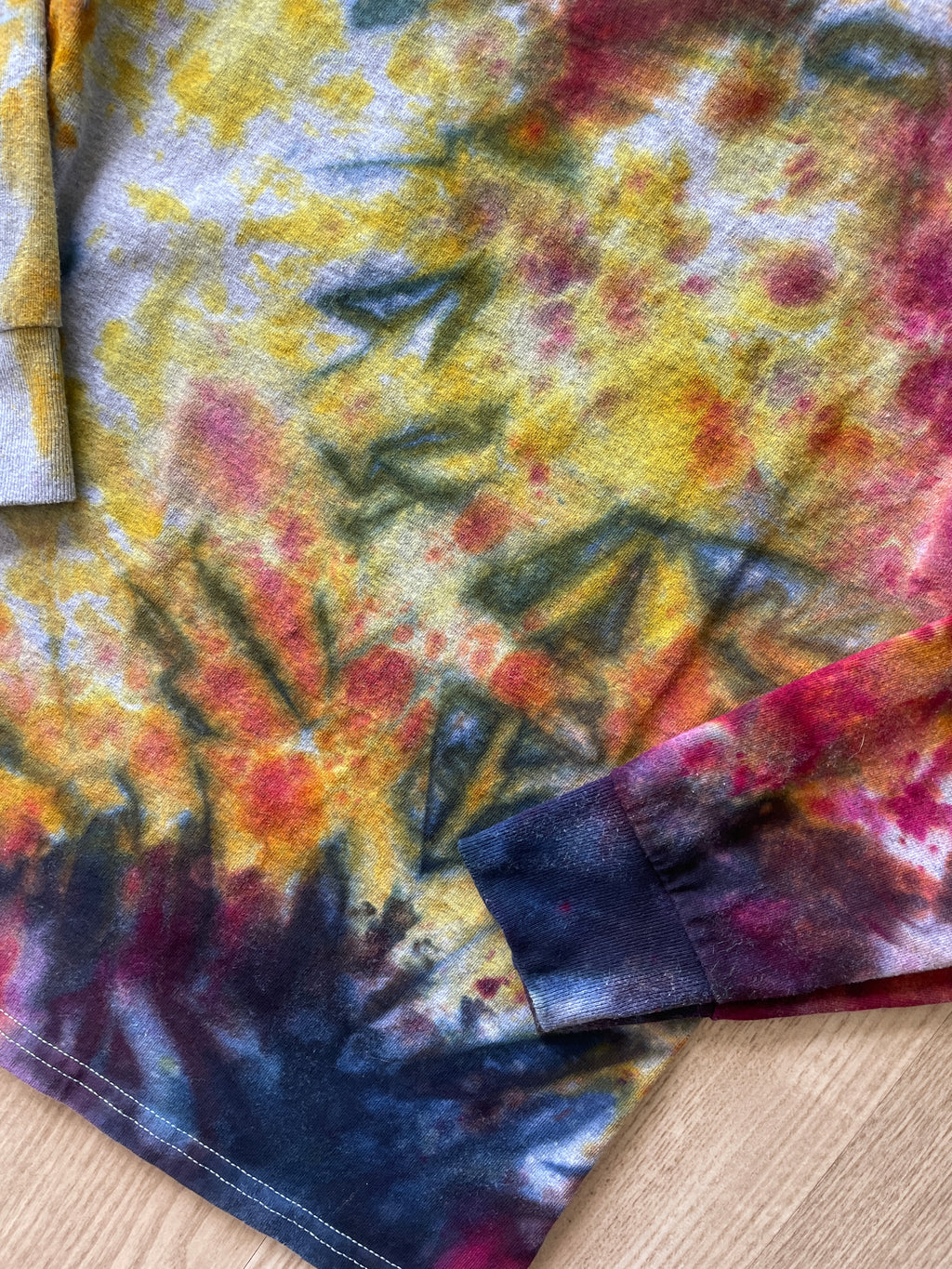 SMALL Men’s Free Spirit Yellowstone National Park Sunset Galaxy Handmade Tie Dye T-Shirt | One-Of-a-Kind Blue, Pink, and Orange Long Sleeve