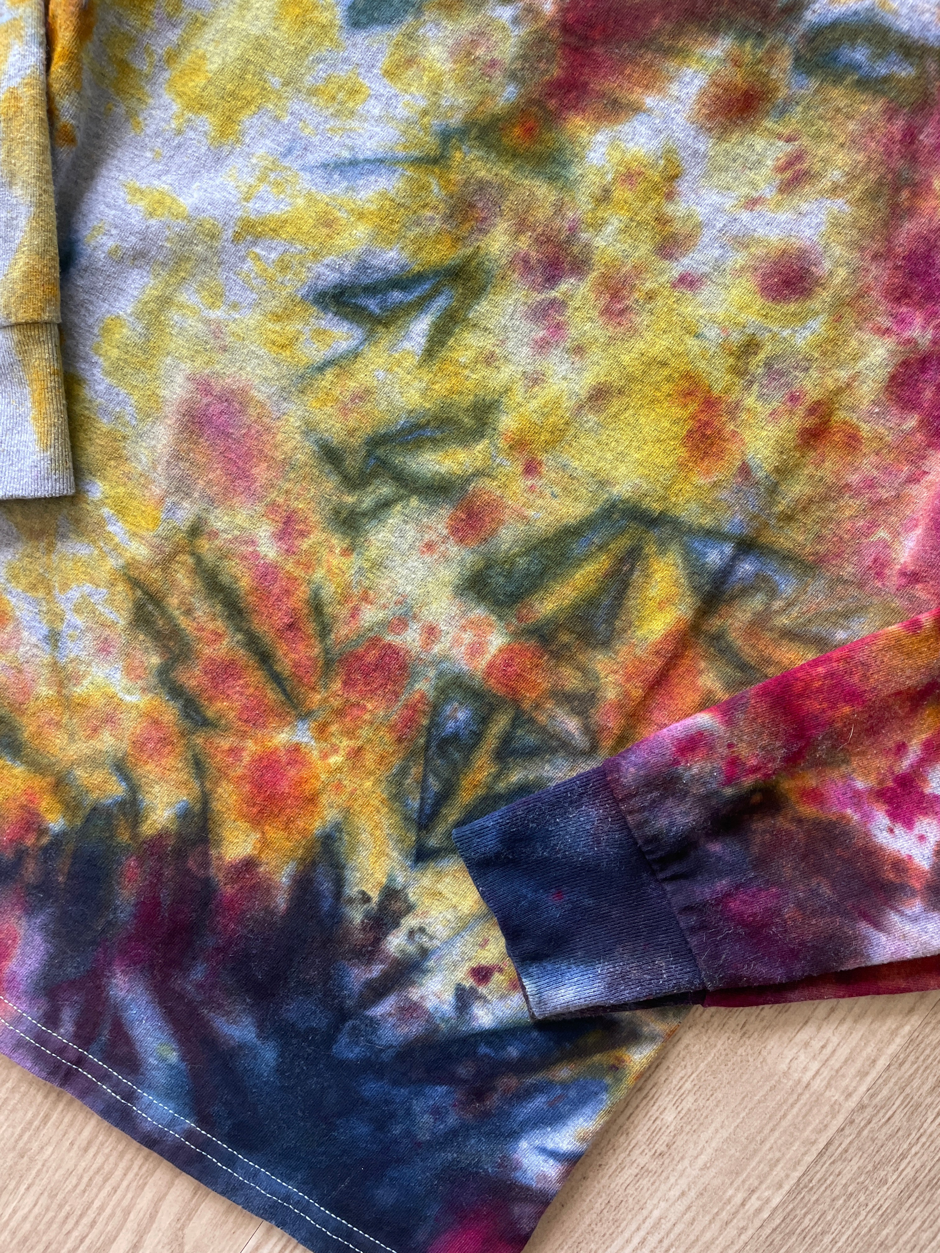 SMALL Men’s Free Spirit Yellowstone National Park Sunset Galaxy Handmade Tie Dye T-Shirt | One-Of-a-Kind Blue, Pink, and Orange Long Sleeve