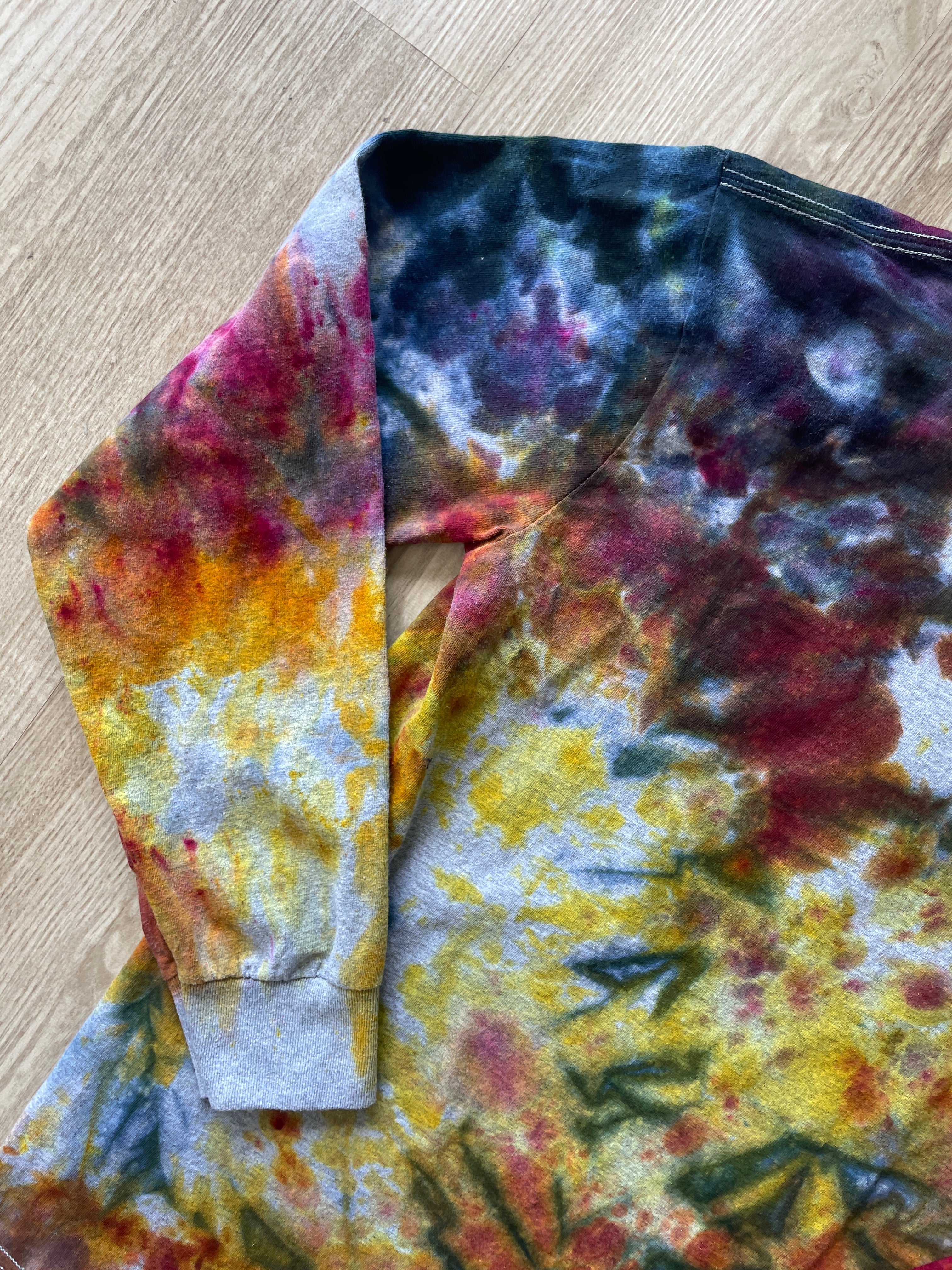 SMALL Men’s Free Spirit Yellowstone National Park Sunset Galaxy Handmade Tie Dye T-Shirt | One-Of-a-Kind Blue, Pink, and Orange Long Sleeve