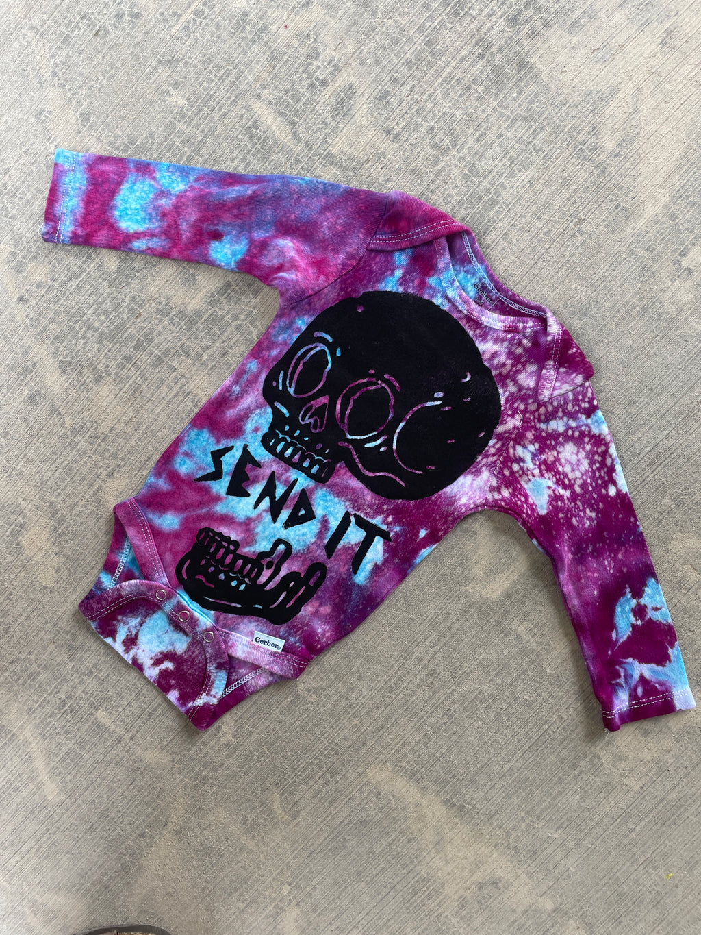 6-9 MO Send It Skull Blue, Purple, and Pink Long Sleeve Galaxy Dye Baby Onesie