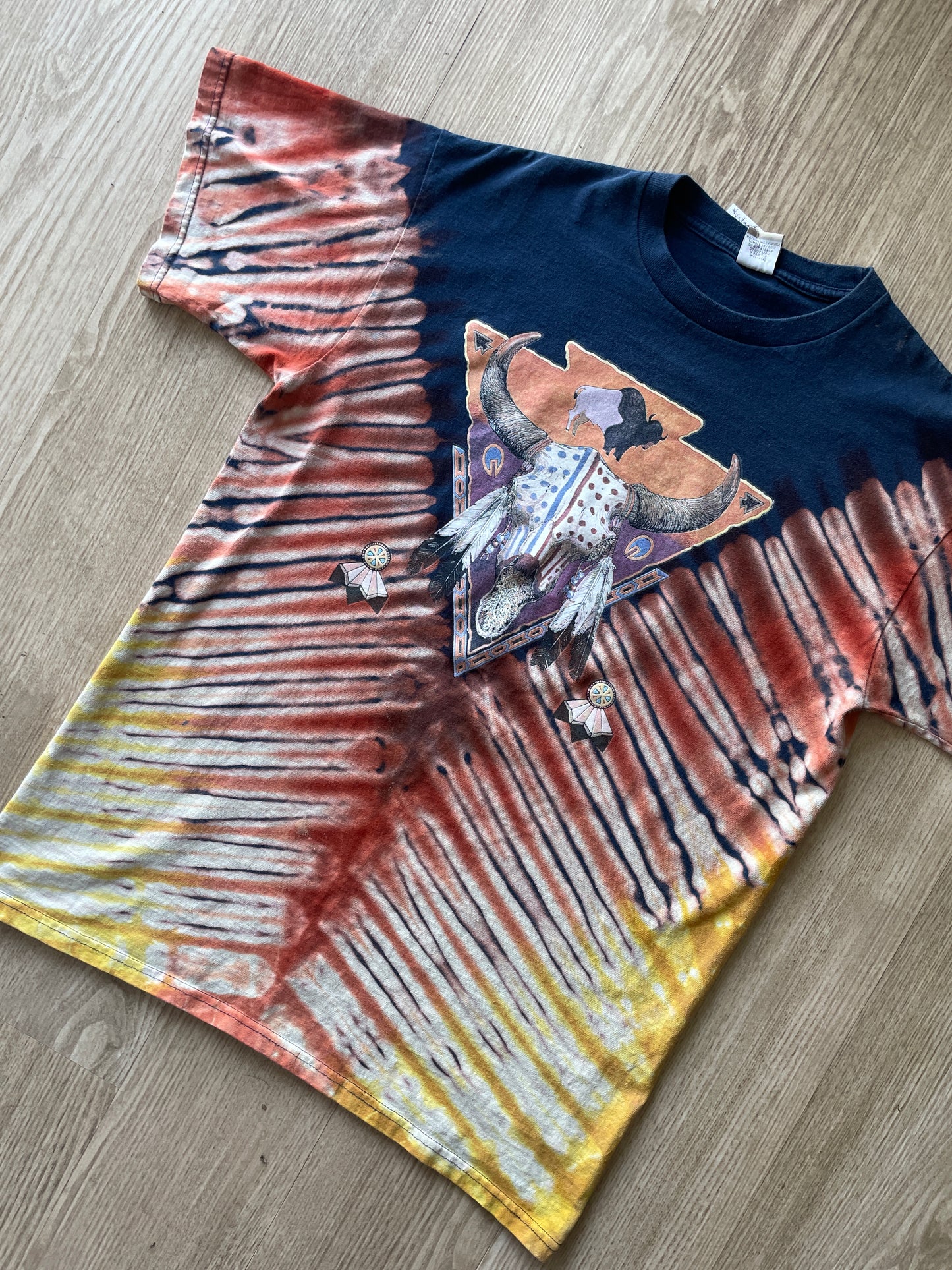 MEDIUM Men’s Vintage Levi's Western Cow Skull Handmade Reverse Tie Dye Short Sleeve T-Shirt | One-Of-a-Kind Upcycled Navy Blue, Brown, and Yellow Desert Tones Tie Dye Top
