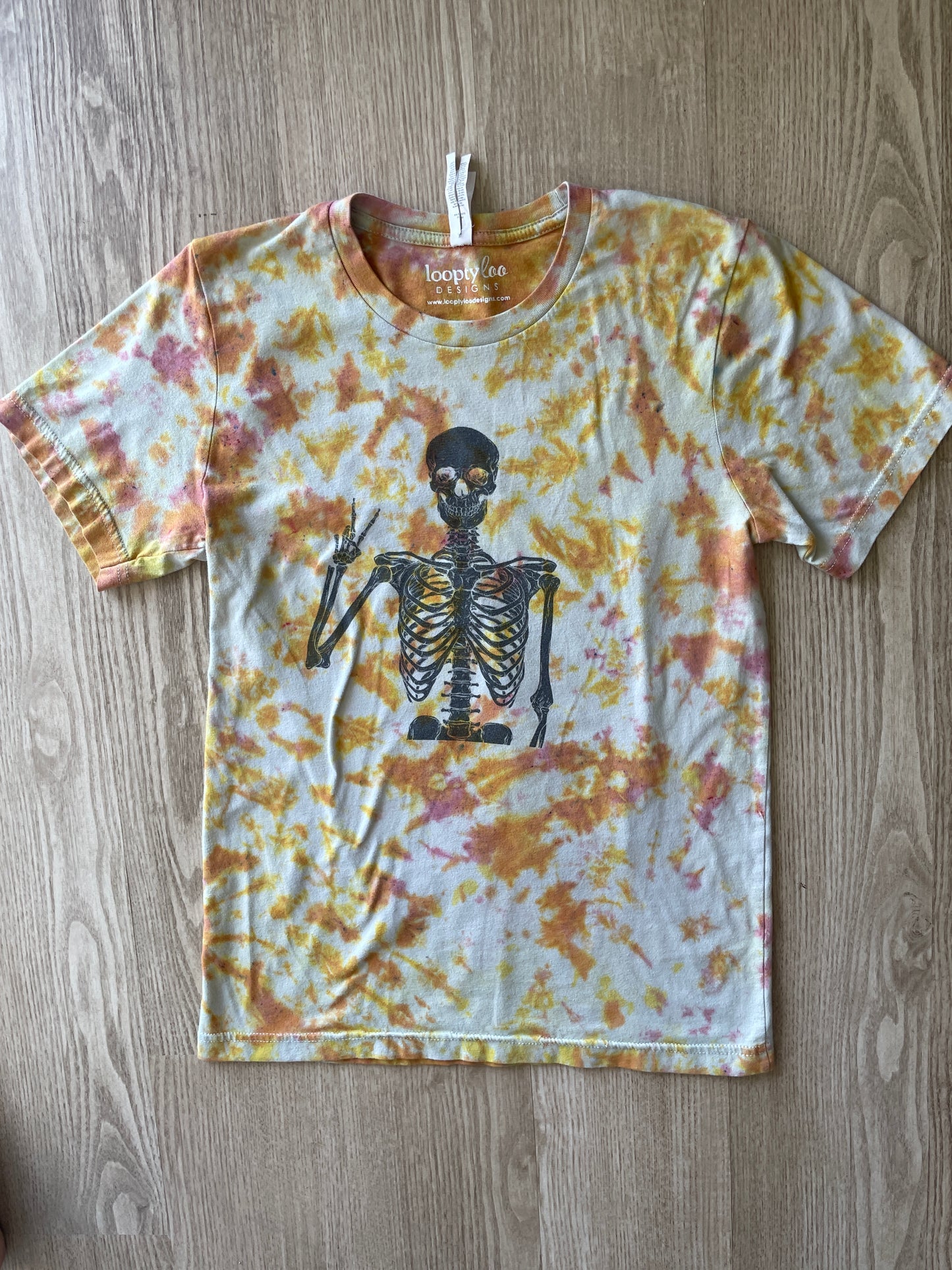 SMALL Men’s Groovy Skeleton Handmade Tie Dye T-Shirt | One-Of-a-Kind Pastel Pink and Orange Short Sleeve