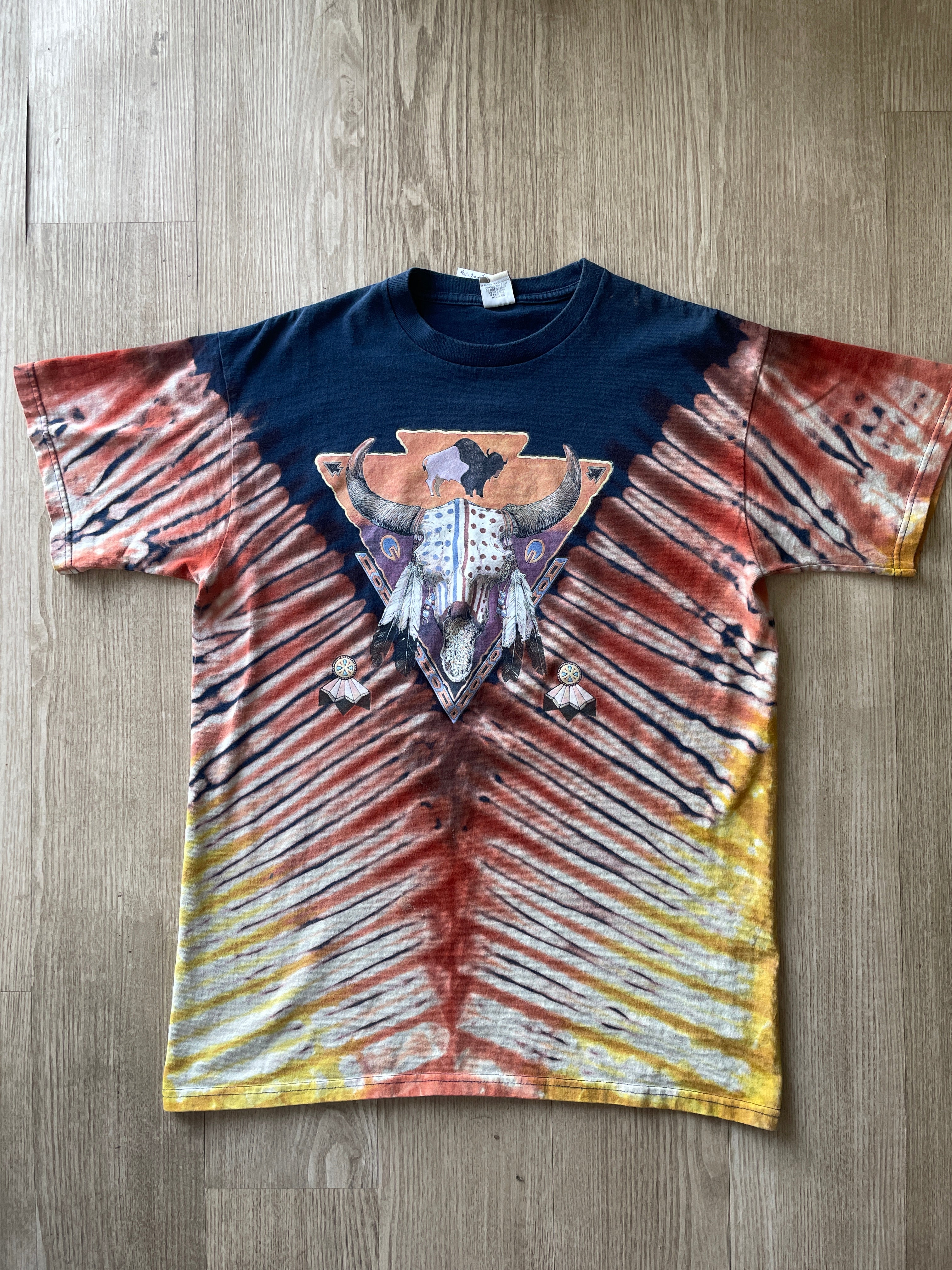 MEDIUM Men’s Vintage Levi's Western Cow Skull Handmade Reverse Tie Dye Short Sleeve T-Shirt | One-Of-a-Kind Upcycled Navy Blue, Brown, and Yellow Desert Tones Tie Dye Top