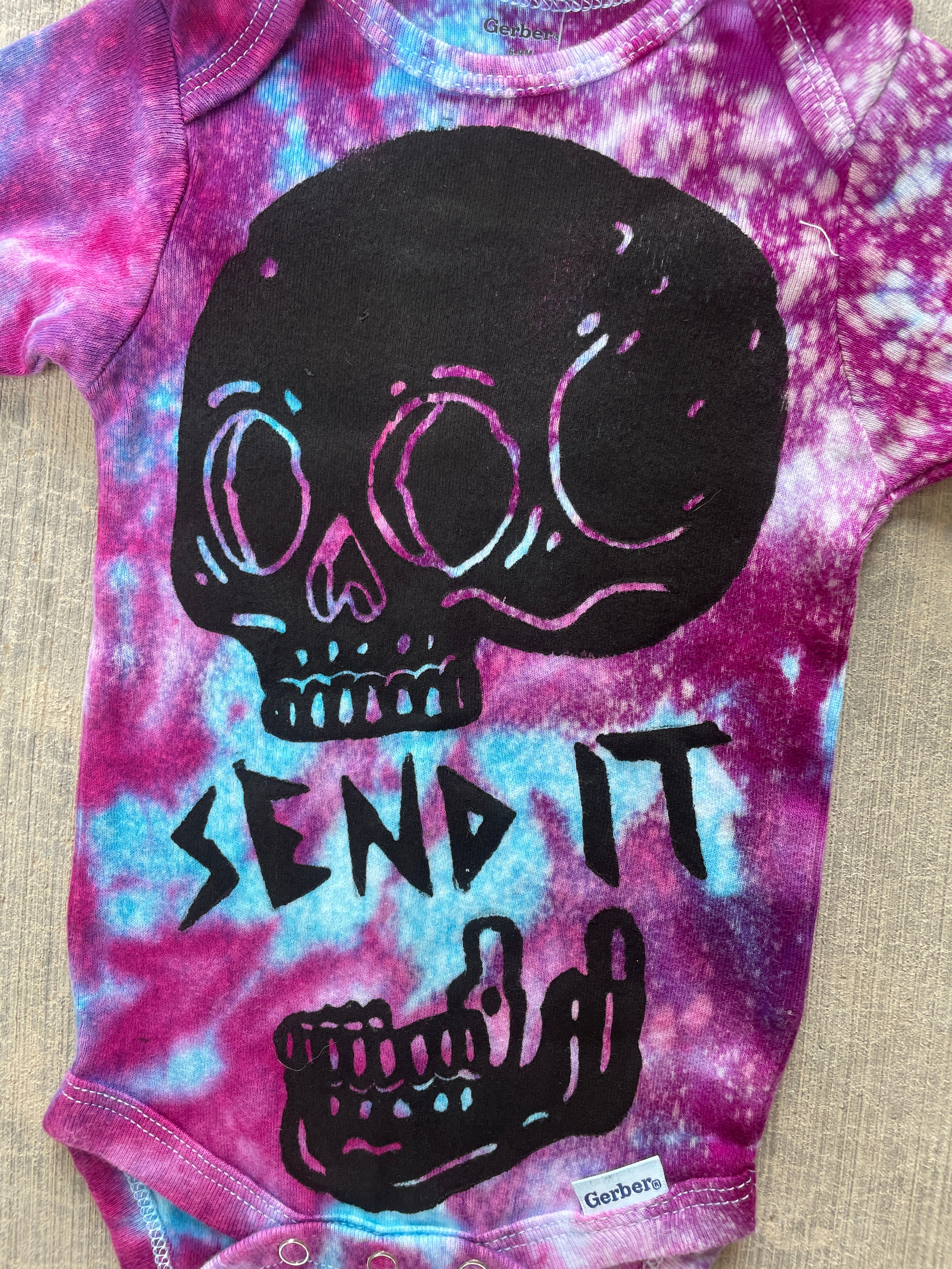 6-9 MO Send It Skull Blue, Purple, and Pink Long Sleeve Galaxy Dye Baby Onesie