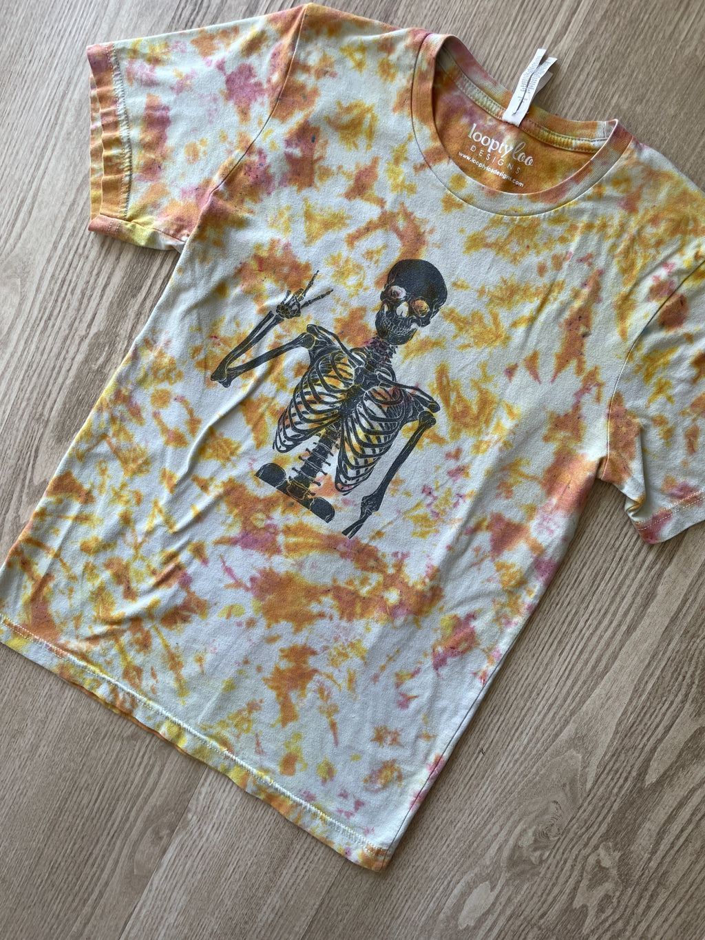 SMALL Men’s Groovy Skeleton Handmade Tie Dye T-Shirt | One-Of-a-Kind Pastel Pink and Orange Short Sleeve