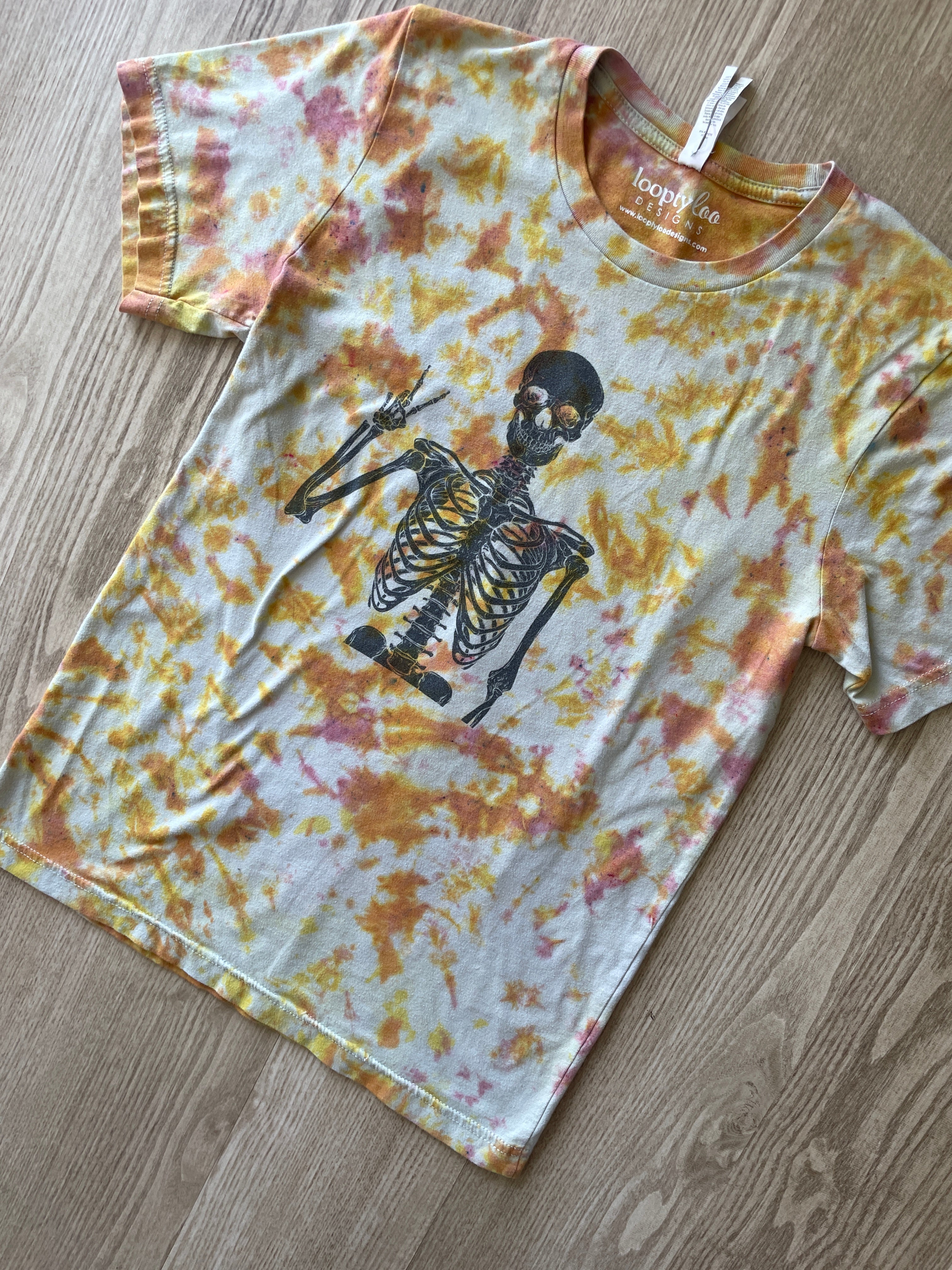 SMALL Men’s Groovy Skeleton Handmade Tie Dye T-Shirt | One-Of-a-Kind Pastel Pink and Orange Short Sleeve