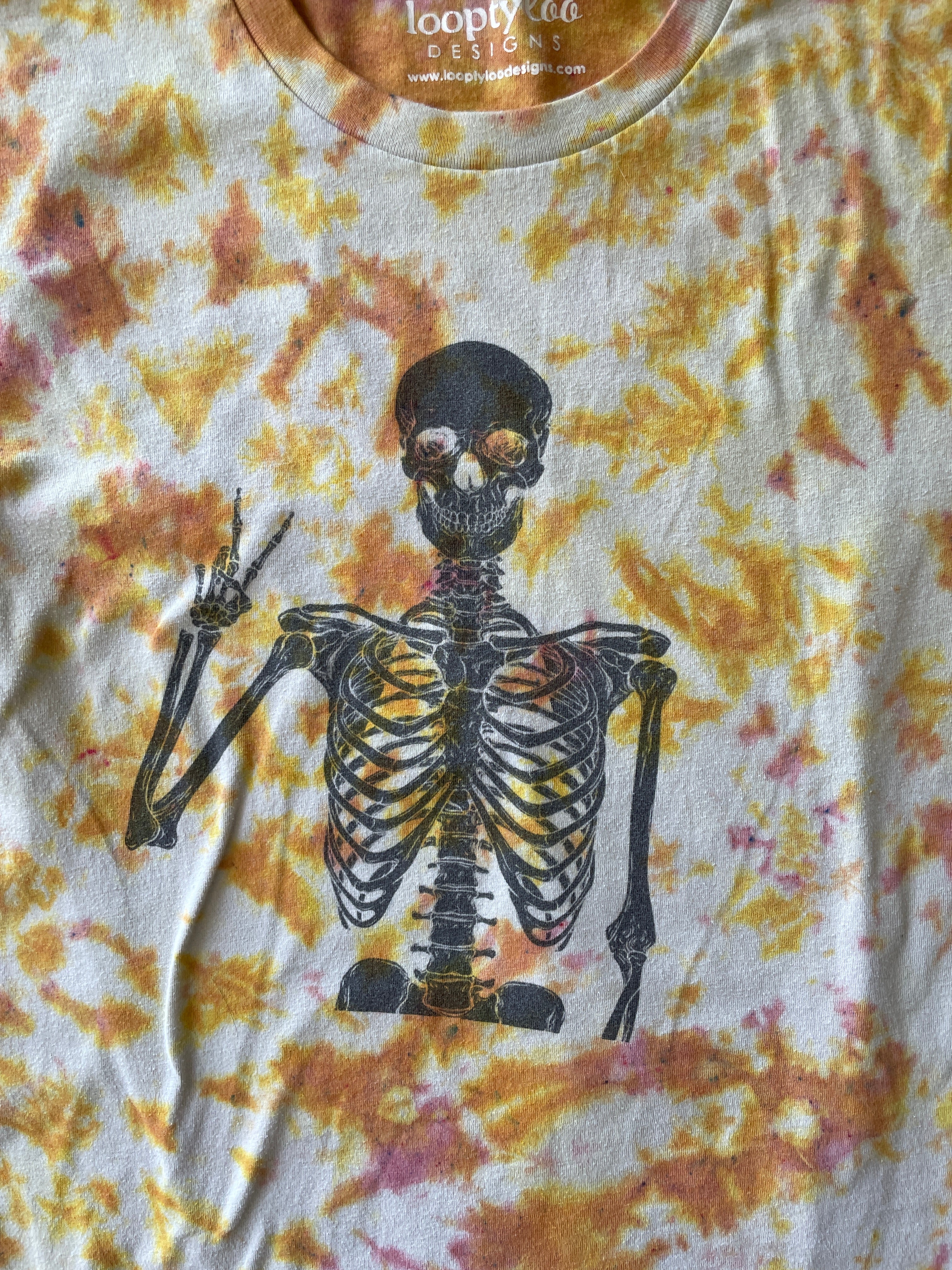 SMALL Men’s Groovy Skeleton Handmade Tie Dye T-Shirt | One-Of-a-Kind Pastel Pink and Orange Short Sleeve