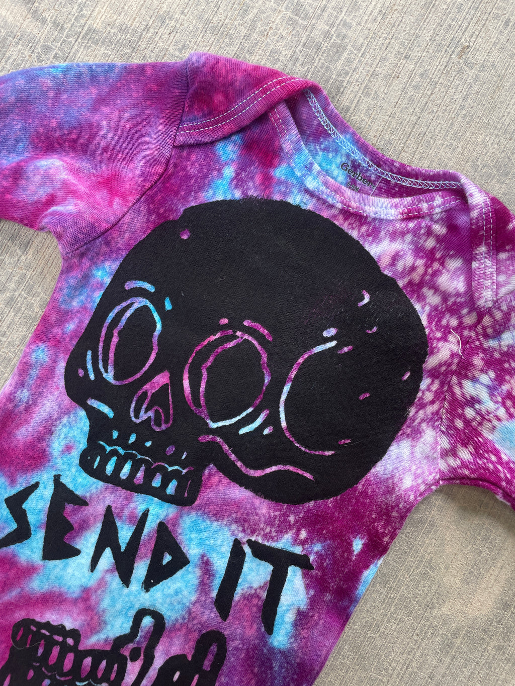 6-9 MO Send It Skull Blue, Purple, and Pink Long Sleeve Galaxy Dye Baby Onesie
