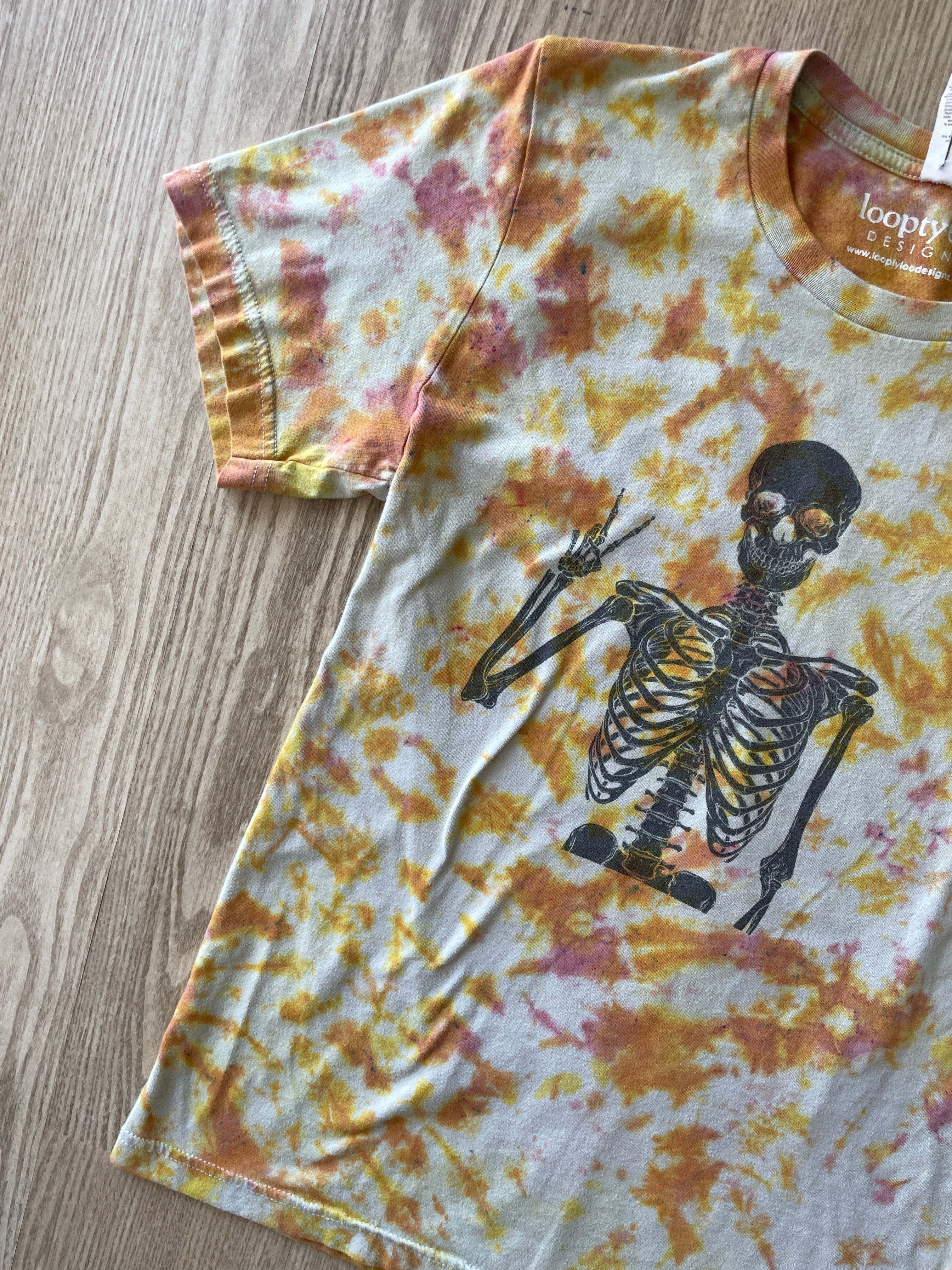 SMALL Men’s Groovy Skeleton Handmade Tie Dye T-Shirt | One-Of-a-Kind Pastel Pink and Orange Short Sleeve
