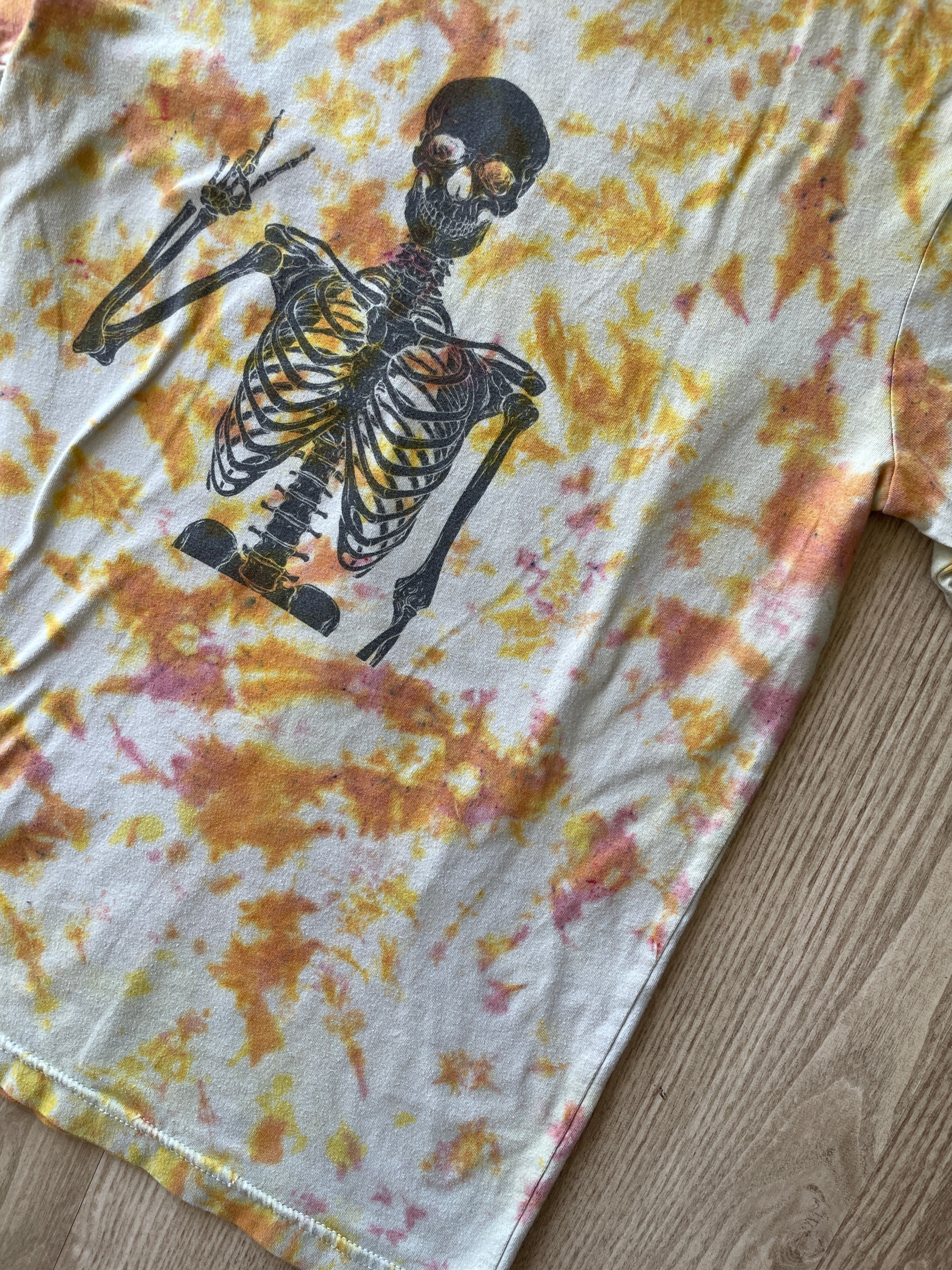 SMALL Men’s Groovy Skeleton Handmade Tie Dye T-Shirt | One-Of-a-Kind Pastel Pink and Orange Short Sleeve