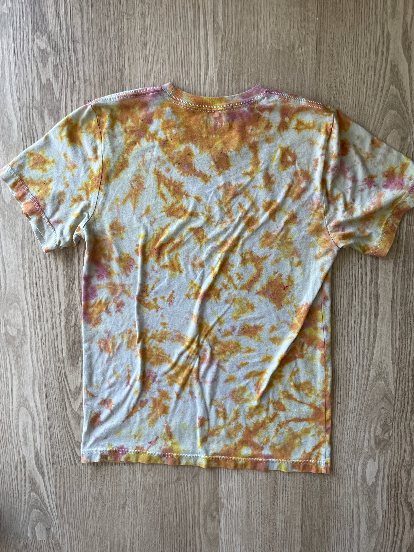 SMALL Men’s Groovy Skeleton Handmade Tie Dye T-Shirt | One-Of-a-Kind Pastel Pink and Orange Short Sleeve