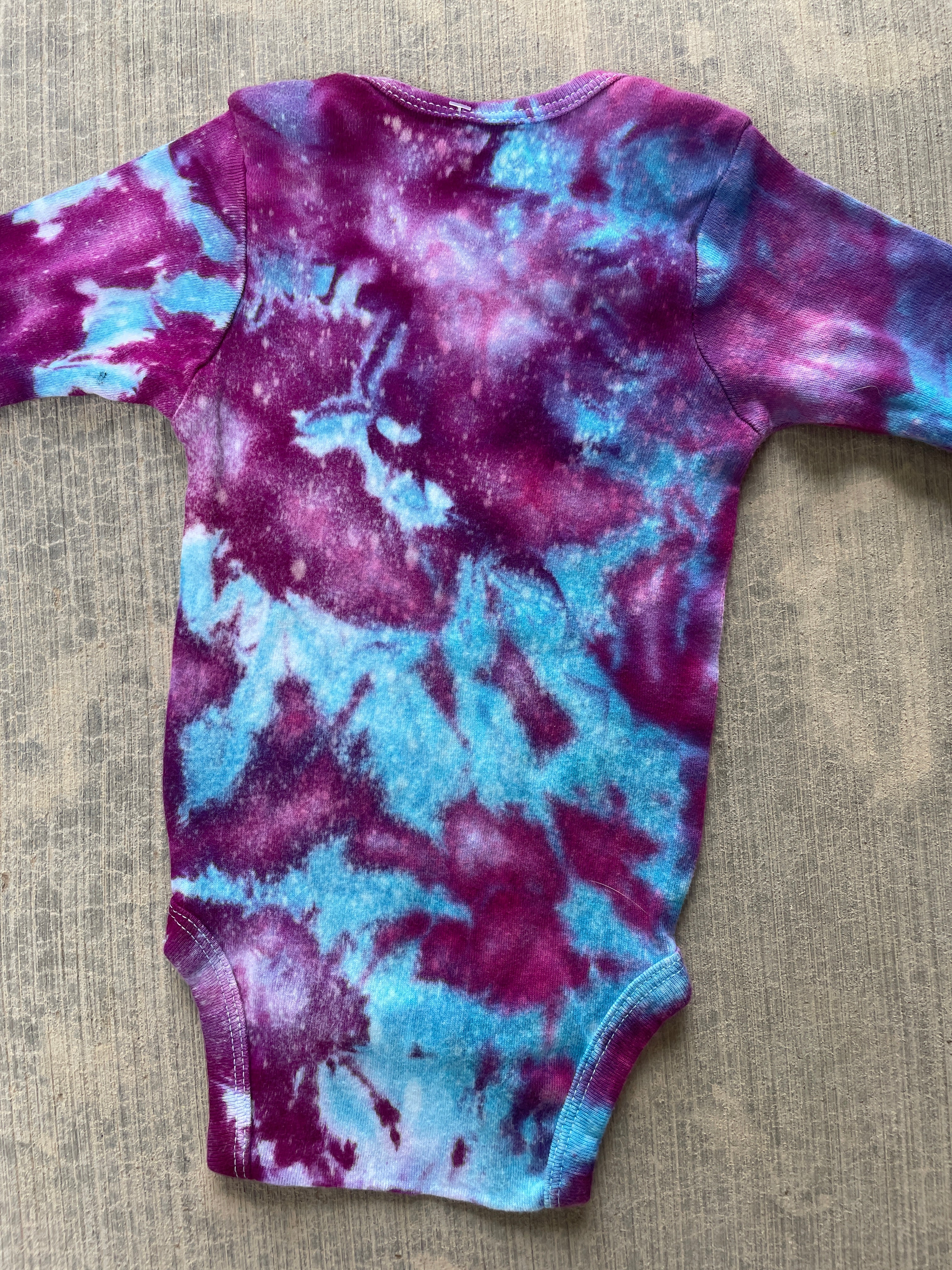 6-9 MO Send It Skull Blue, Purple, and Pink Long Sleeve Galaxy Dye Baby Onesie