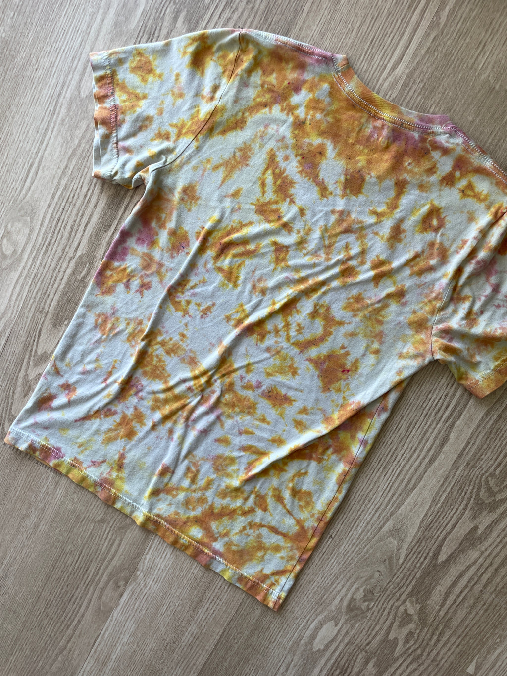 SMALL Men’s Groovy Skeleton Handmade Tie Dye T-Shirt | One-Of-a-Kind Pastel Pink and Orange Short Sleeve