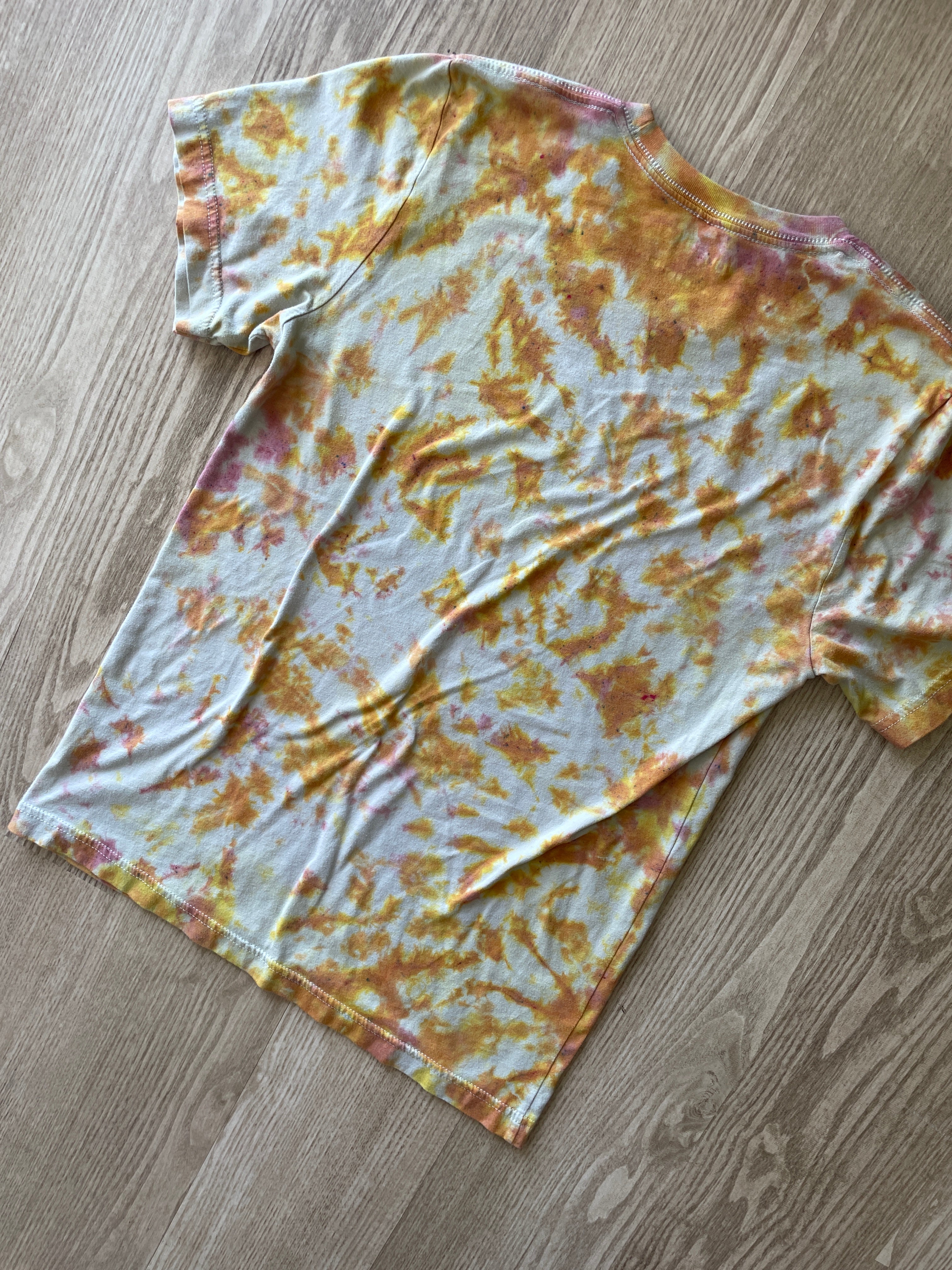 SMALL Men’s Groovy Skeleton Handmade Tie Dye T-Shirt | One-Of-a-Kind Pastel Pink and Orange Short Sleeve